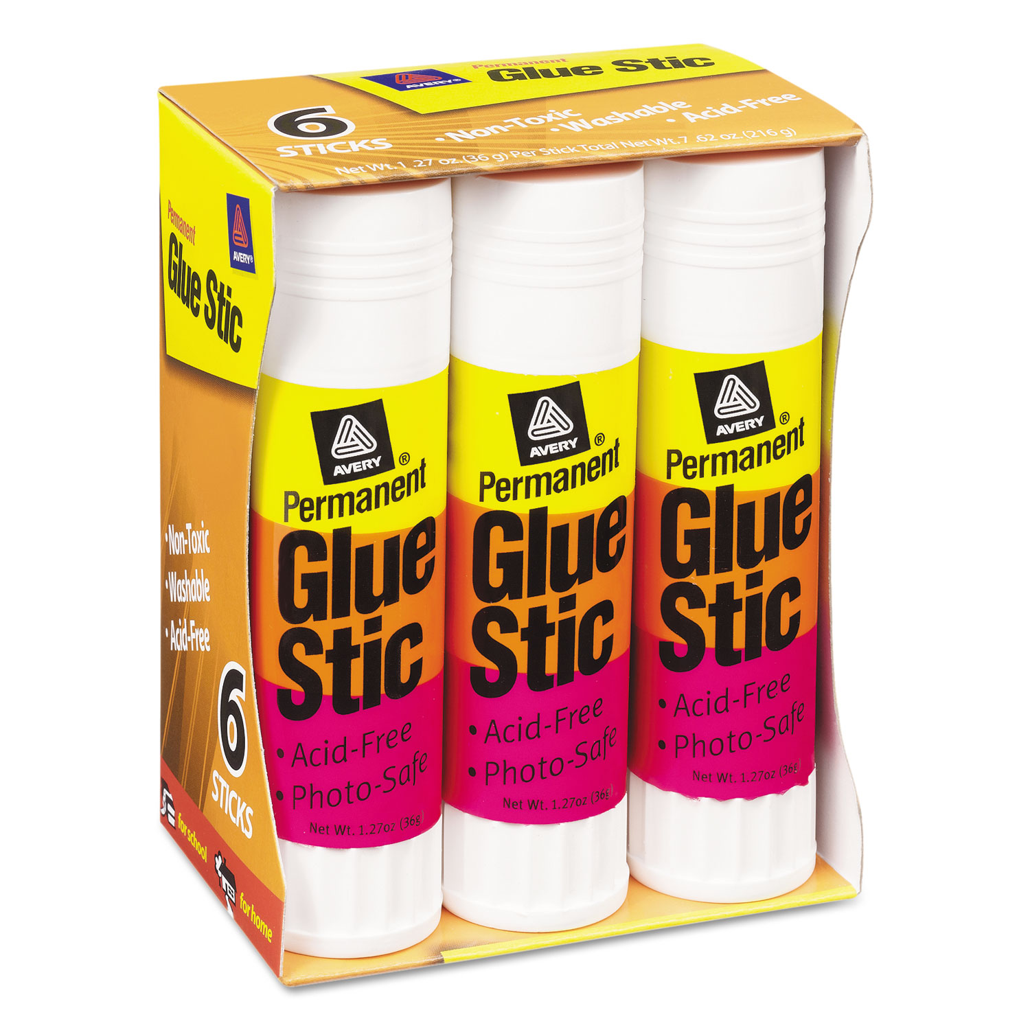 Permanent Glue Stics, White Application, 1.27 oz, 6/Pack