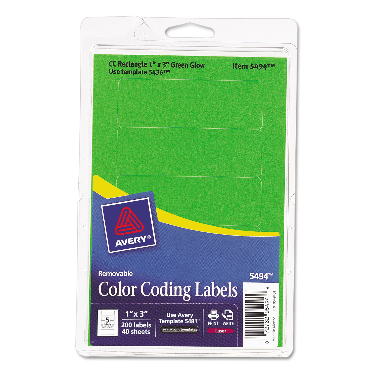  Avery 05494 Printable Self-Adhesive Removable Color-Coding Labels, 1 x 3, Neon Green, 5/Sheet, 40 Sheets/Pack, (5494) (AVE05494) 