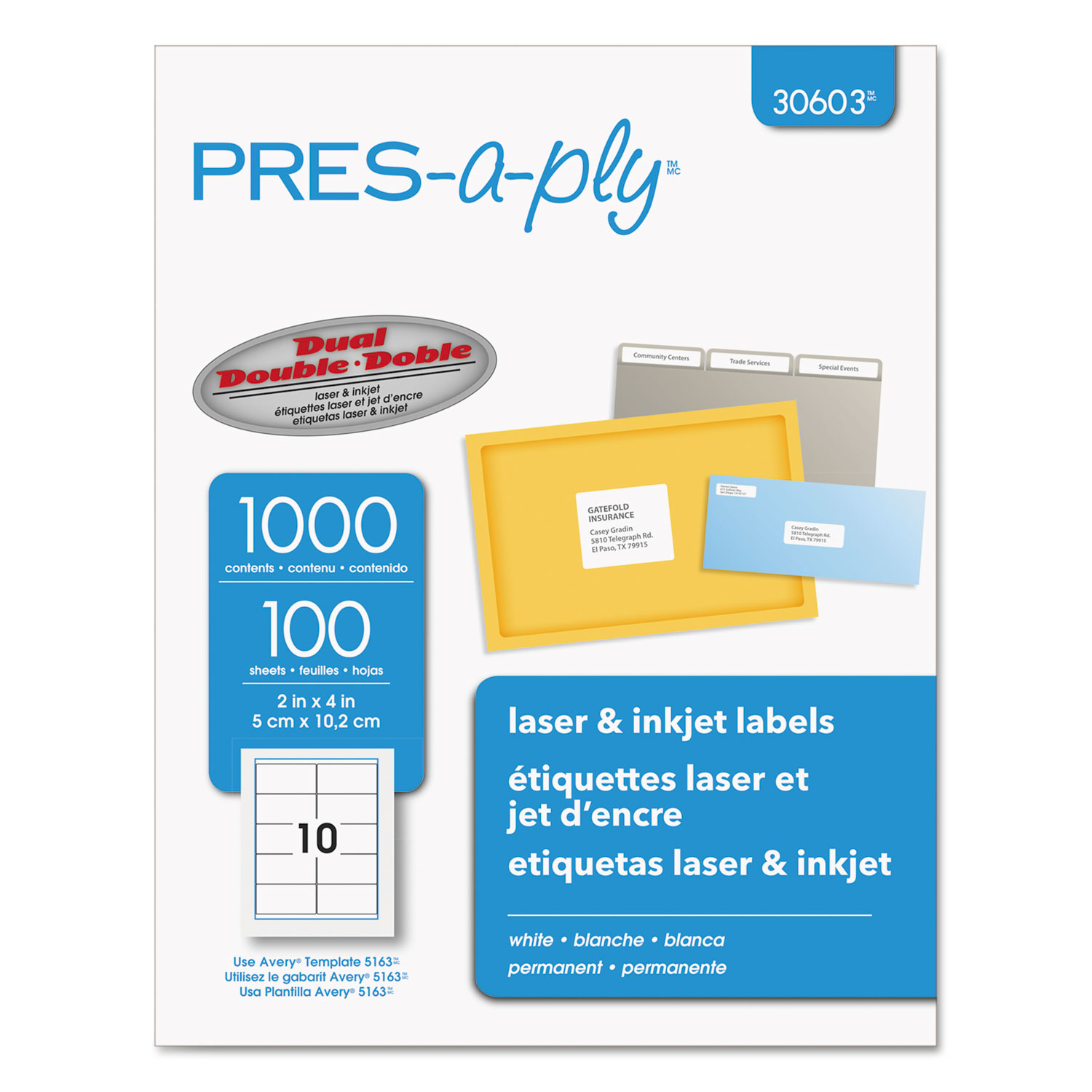 Labels, Laser Printers, 2 x 4, White, 10/Sheet, 100 Sheets/Box