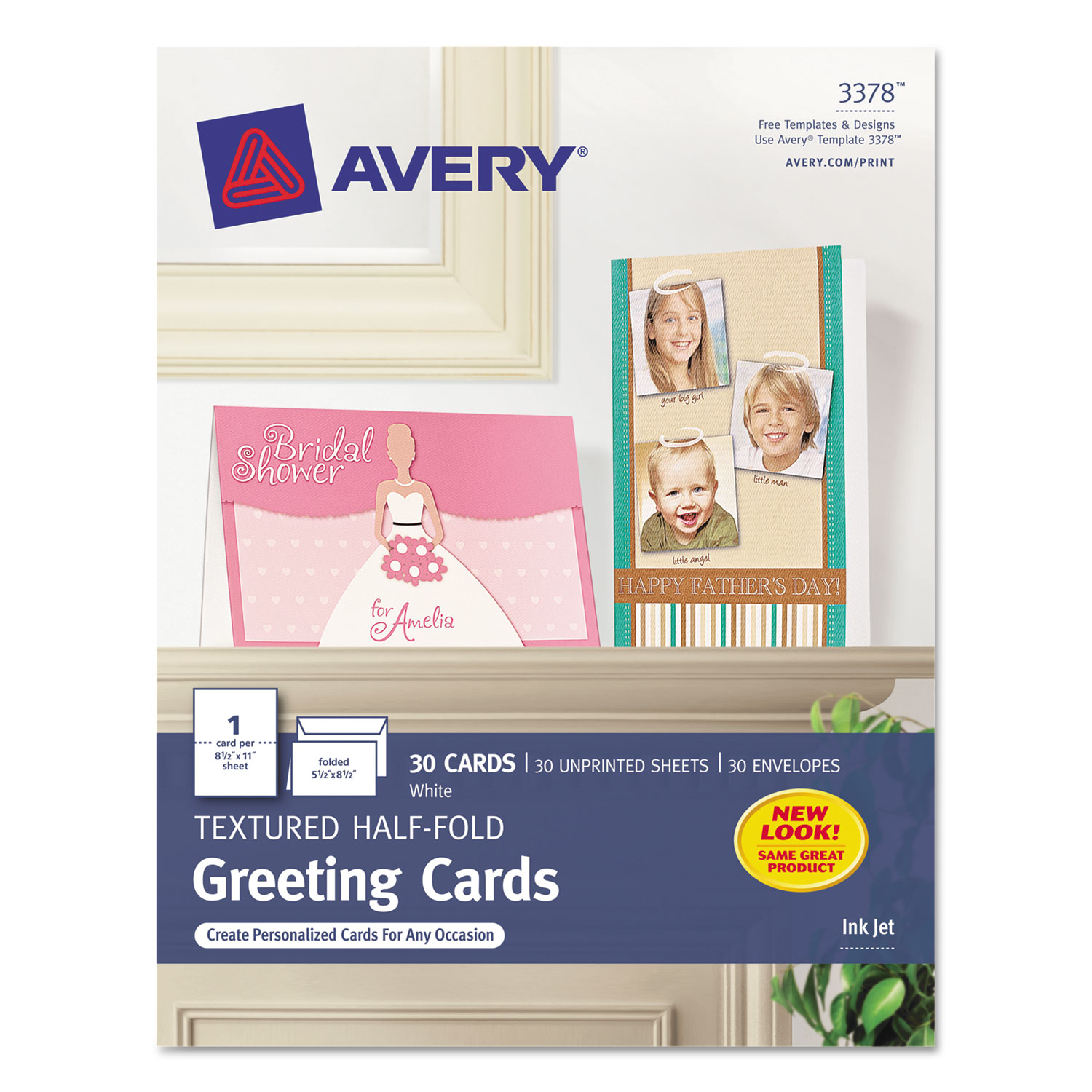  Avery 03378 Textured Half-Fold Greeting Cards, Inkjet, 5 1/2 x 8 1/2, Wht, 30/Bx w/Envelopes (AVE3378) 