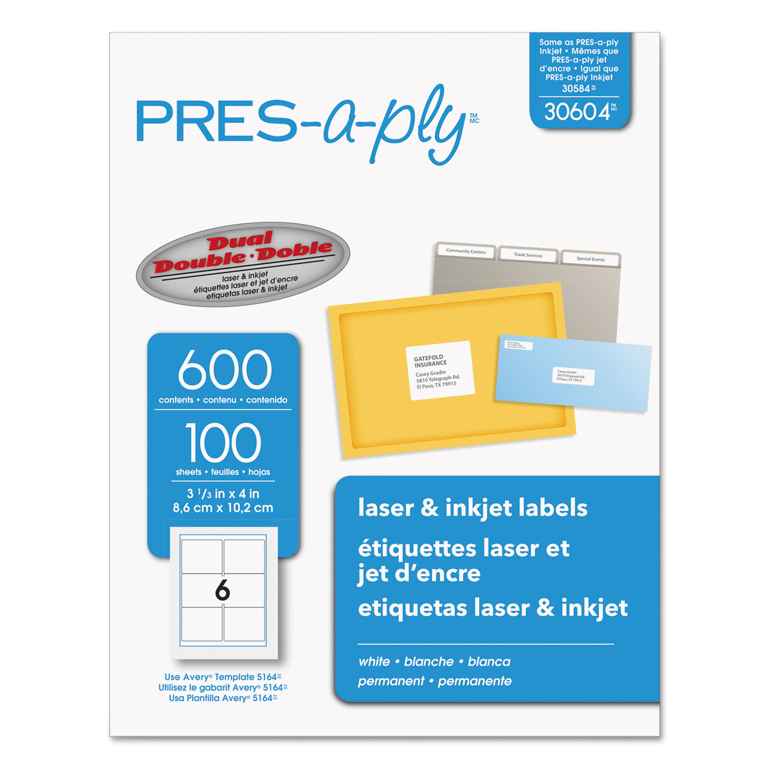  PRES-a-ply 30604 Labels, Laser Printers, 3.33 x 4, White, 6/Sheet, 100 Sheets/Box (AVE30604) 