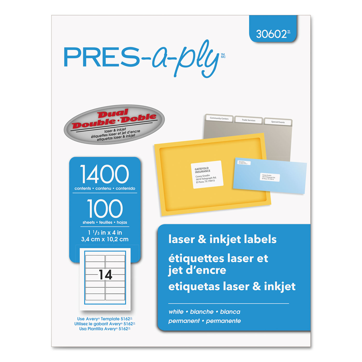 Labels, Laser Printers, 1.33 x 4, White, 14/Sheet, 100 Sheets/Box