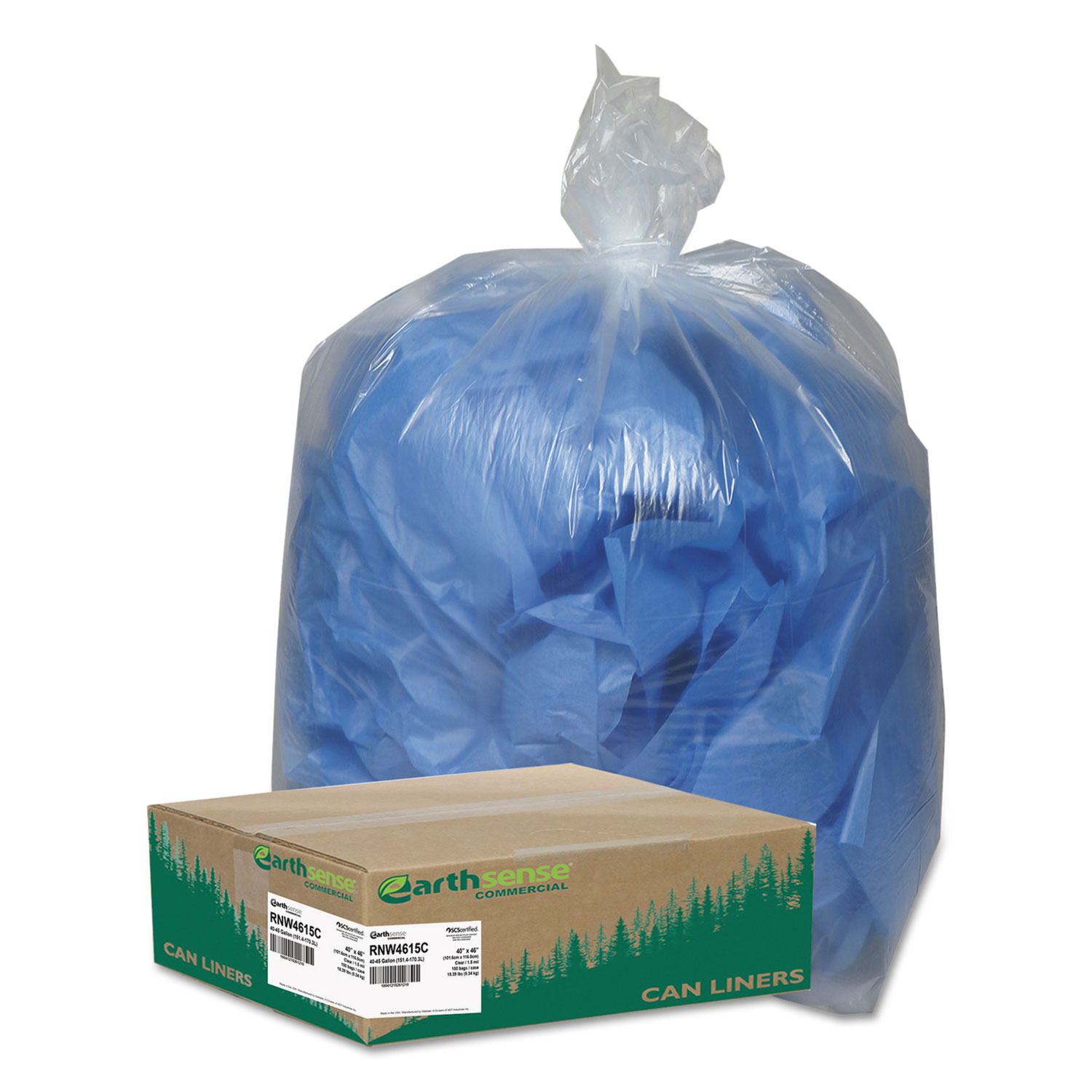  Earthsense Commercial RNW4615C Linear Low Density Clear Recycled Can Liners, 45 gal, 1.5 mil, 40 x 46, Clear, 100/Carton (WBIRNW4615C) 