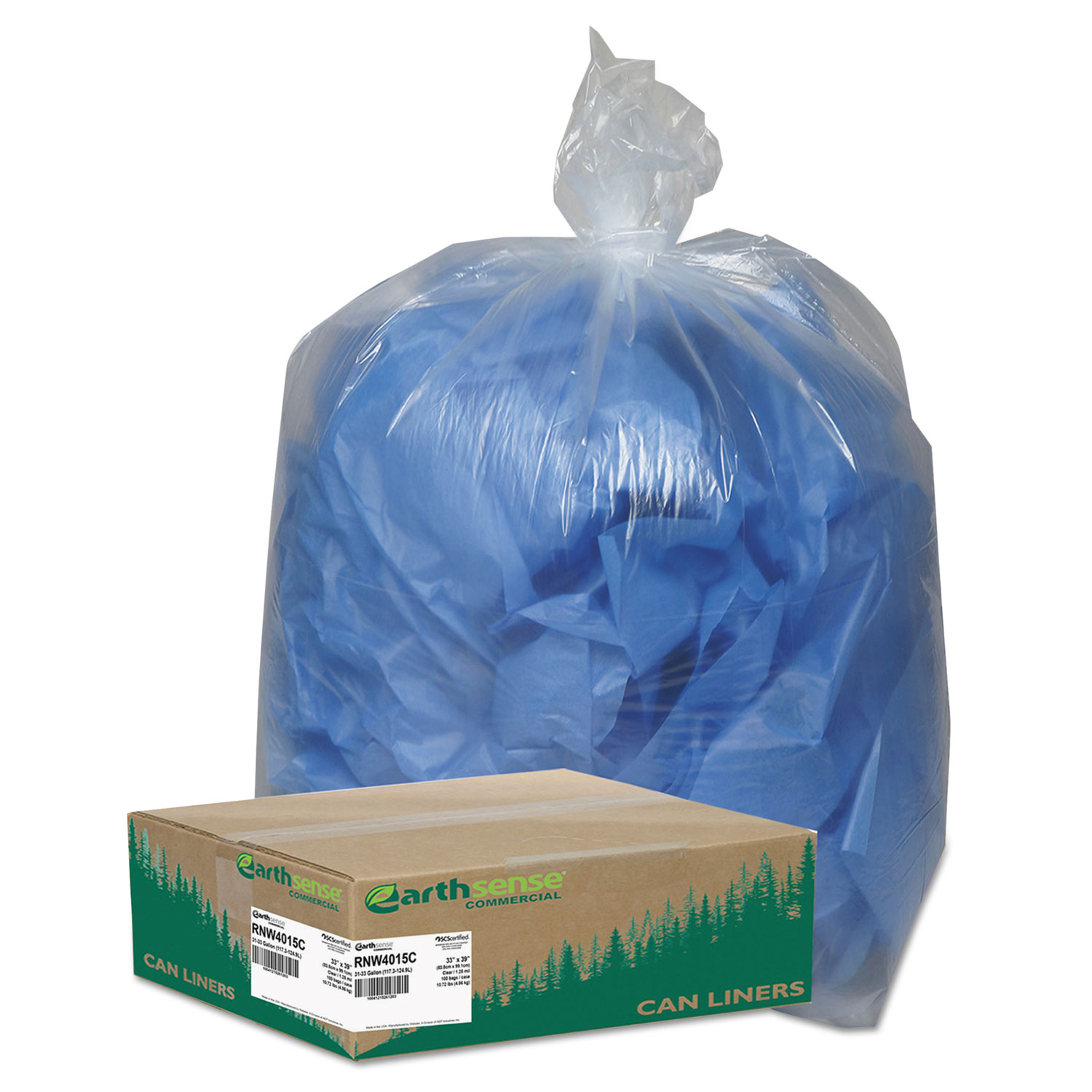  Earthsense Commercial RNW4015C Linear Low Density Clear Recycled Can Liners, 33 gal, 1.25 mil, 33 x 39, Clear, 100/Carton (WBIRNW4015C) 