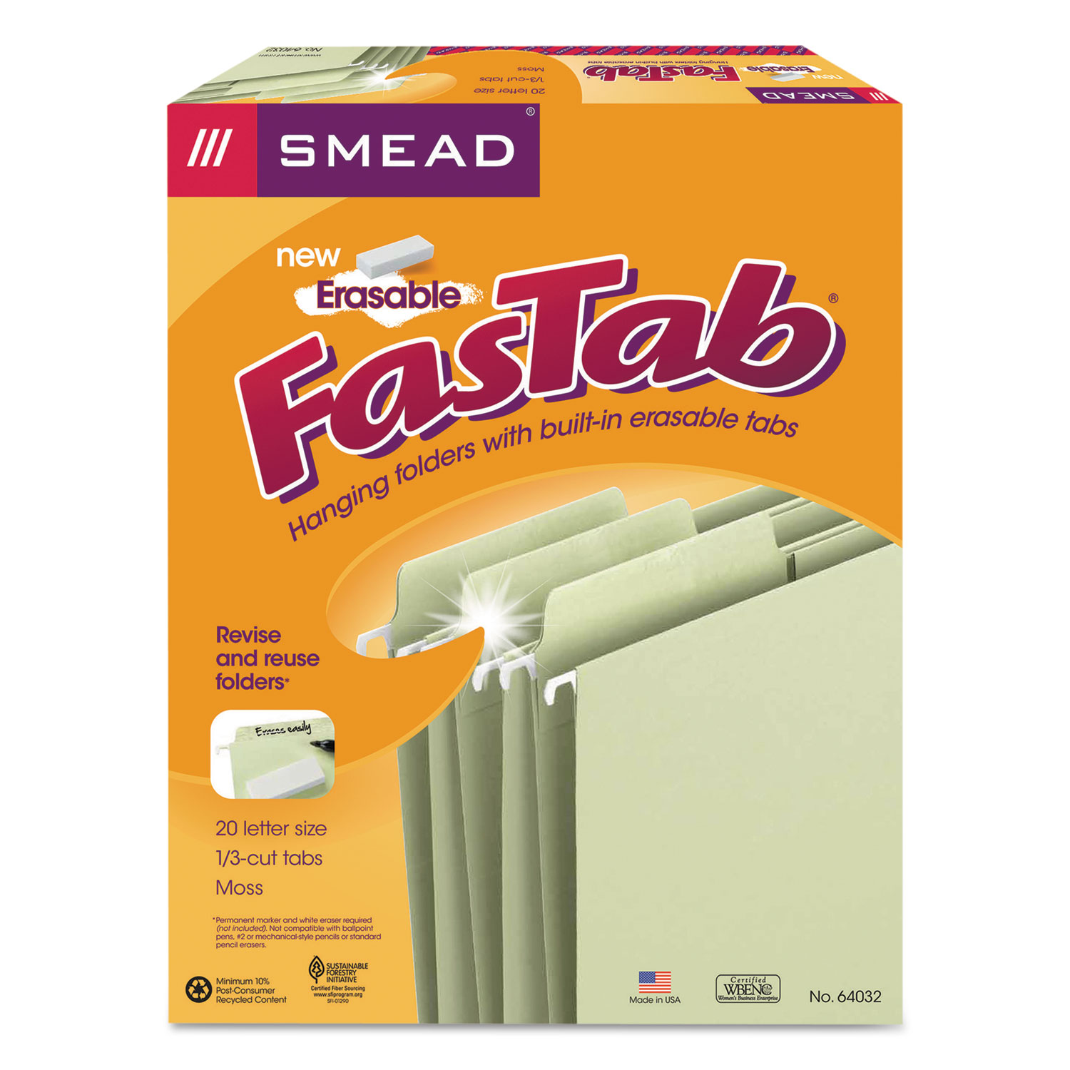  Smead 64032 Erasable FasTab Hanging Folders, Letter Size, 1/3-Cut Tab, Moss, 20/Box (SMD64032) 