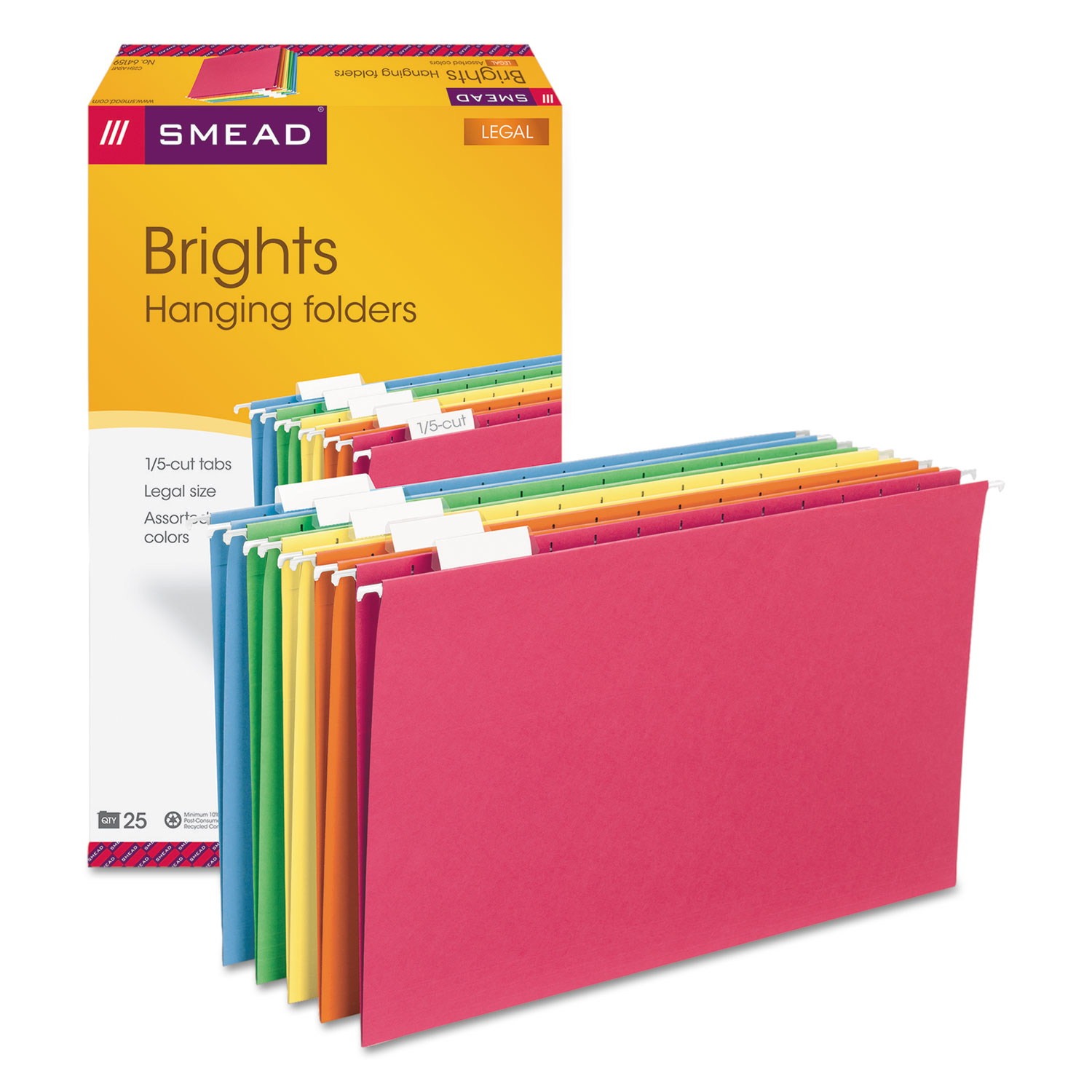 Colored Hanging File Folders, Legal Size, 1/5-Cut Tab, Assorted, 25/Box