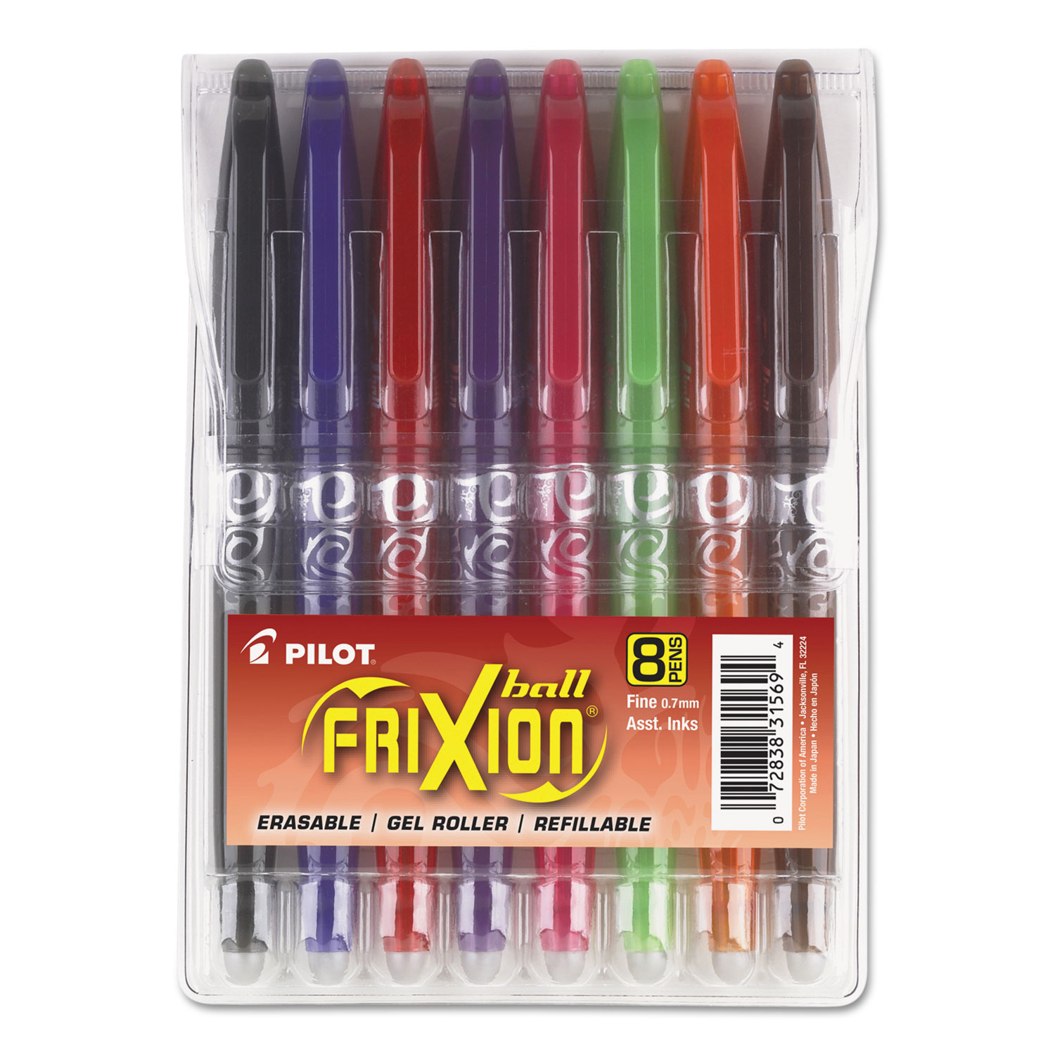 FriXion Ball Erasable Gel Ink Stick Pen, Assorted Ink, 0.7mm, 8/Pack