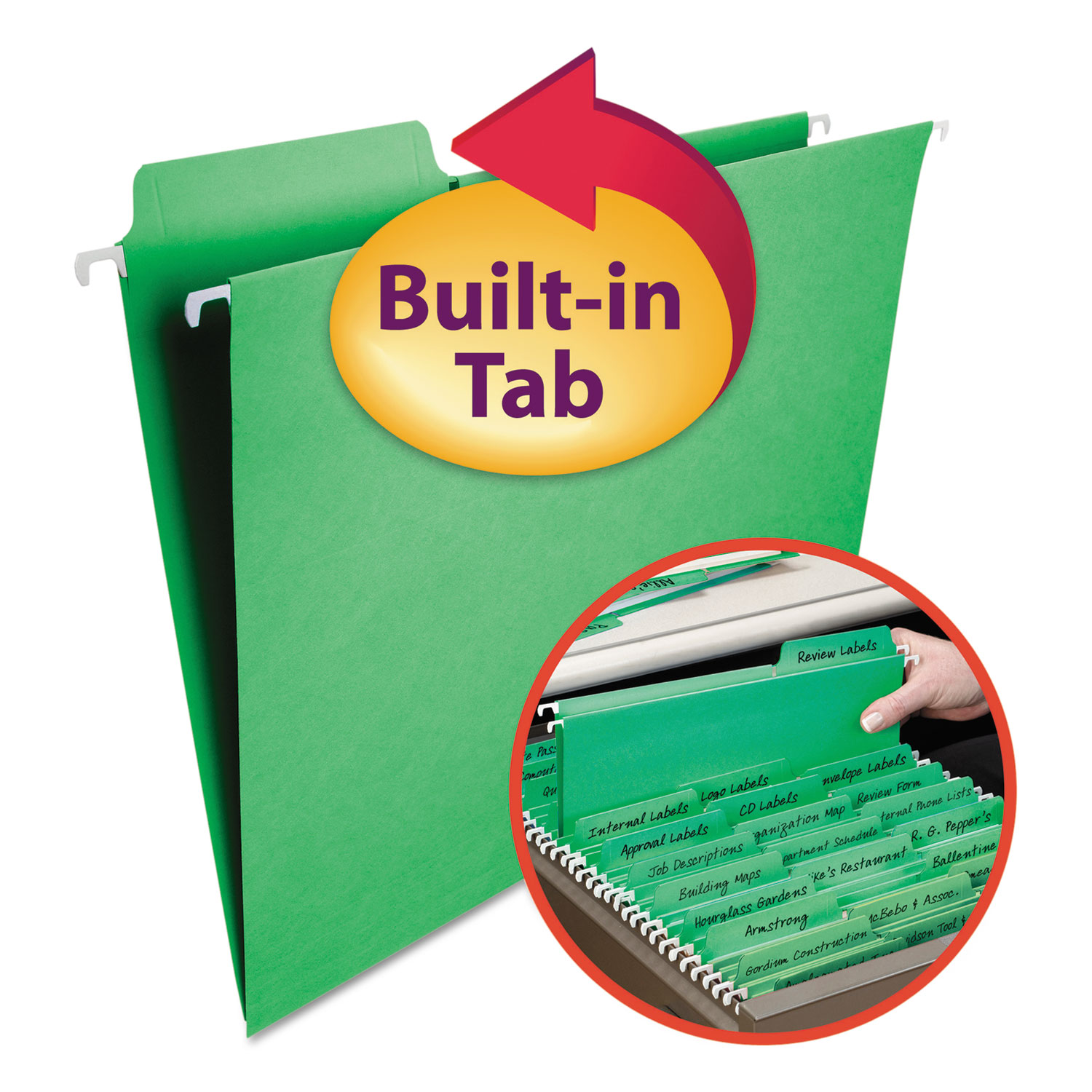  Smead 64098 FasTab Hanging Folders, Letter Size, 1/3-Cut Tab, Green, 20/Box (SMD64098) 
