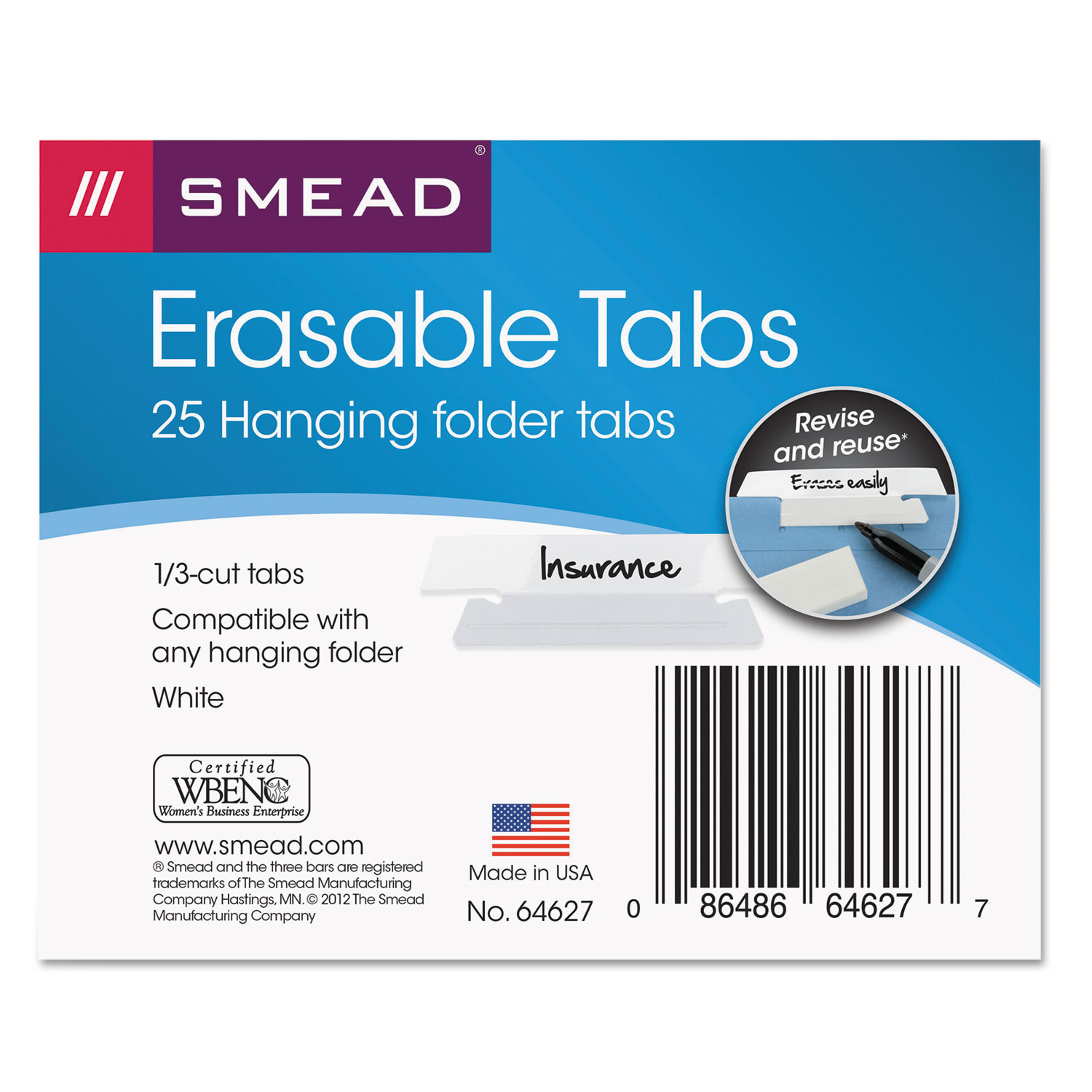  Smead 64627 Erasable Hanging Folder Tabs, 1/3-Cut Tabs, White, 3.5 Wide, 25/Pack (SMD64627) 