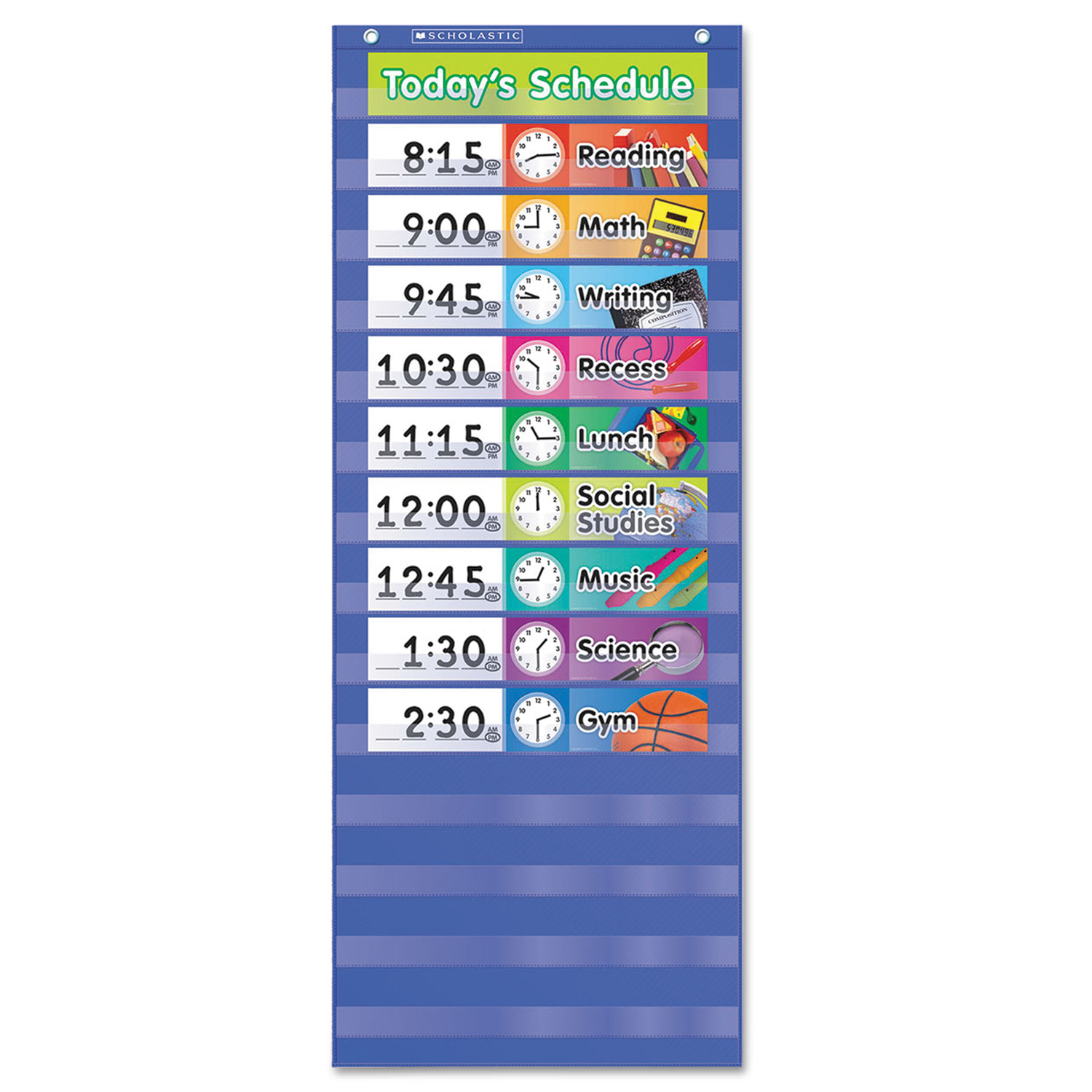  Scholastic 9780545114981 Daily Schedule Pocket Chart, 13 x 33, Blue/Clear (SHS511498) 