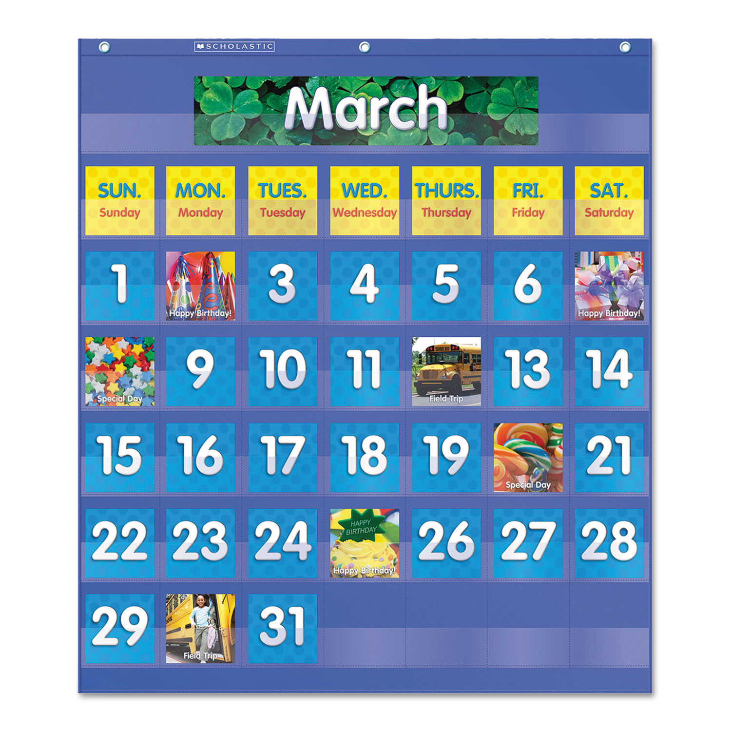 Monthly Calendar Pocket Chart, 25 1/2 x 10 x 0.13, Blue/Clear