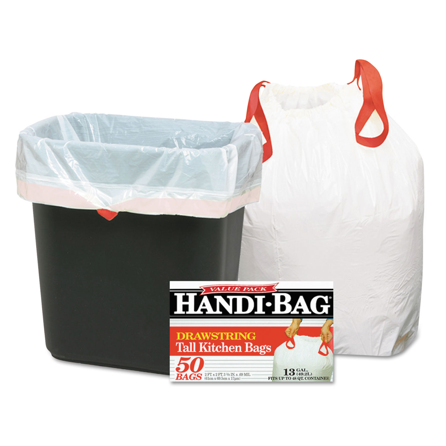  Handi-Bag HAB6DK50 Drawstring Kitchen Bags, 13 gal, 0.6 mil, 24 x 27.38, White, 50/Box (WBIHAB6DK50) 
