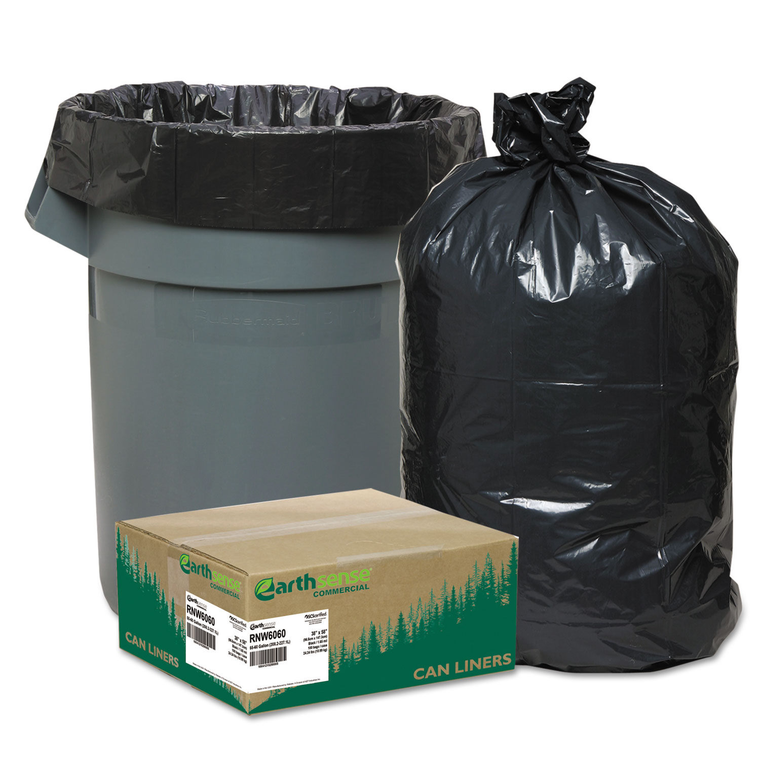  Earthsense Commercial RNW6060 Linear Low Density Recycled Can Liners, 60 gal, 1.65 mil, 38 x 58, Black, 100/Carton (WBIRNW6060) 