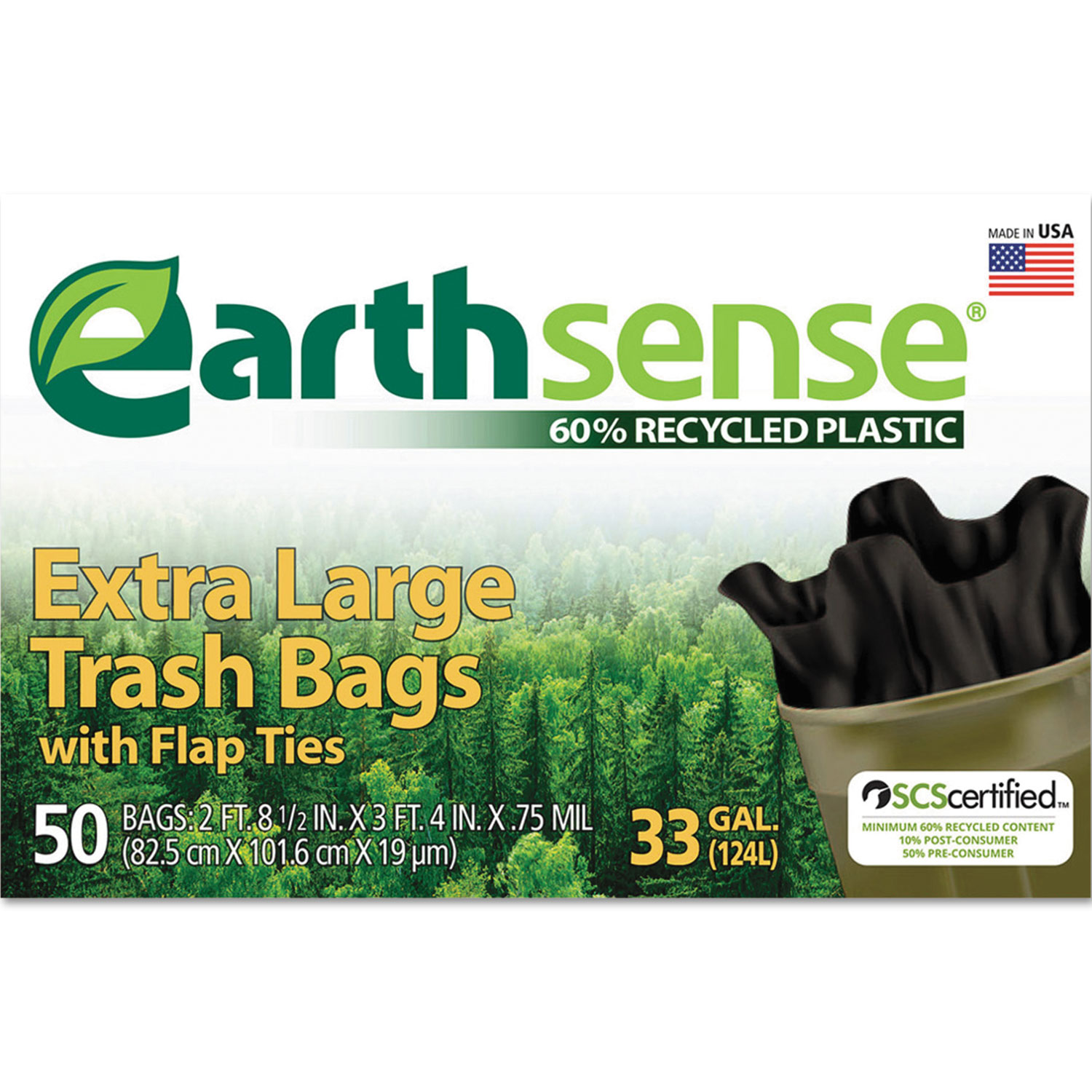  Earthsense GES6TL50 Large Trash Bags, 33 gal, 0.75 mil, 32.5 x 40, Black, 50/Box (WBIGES6FTL50) 