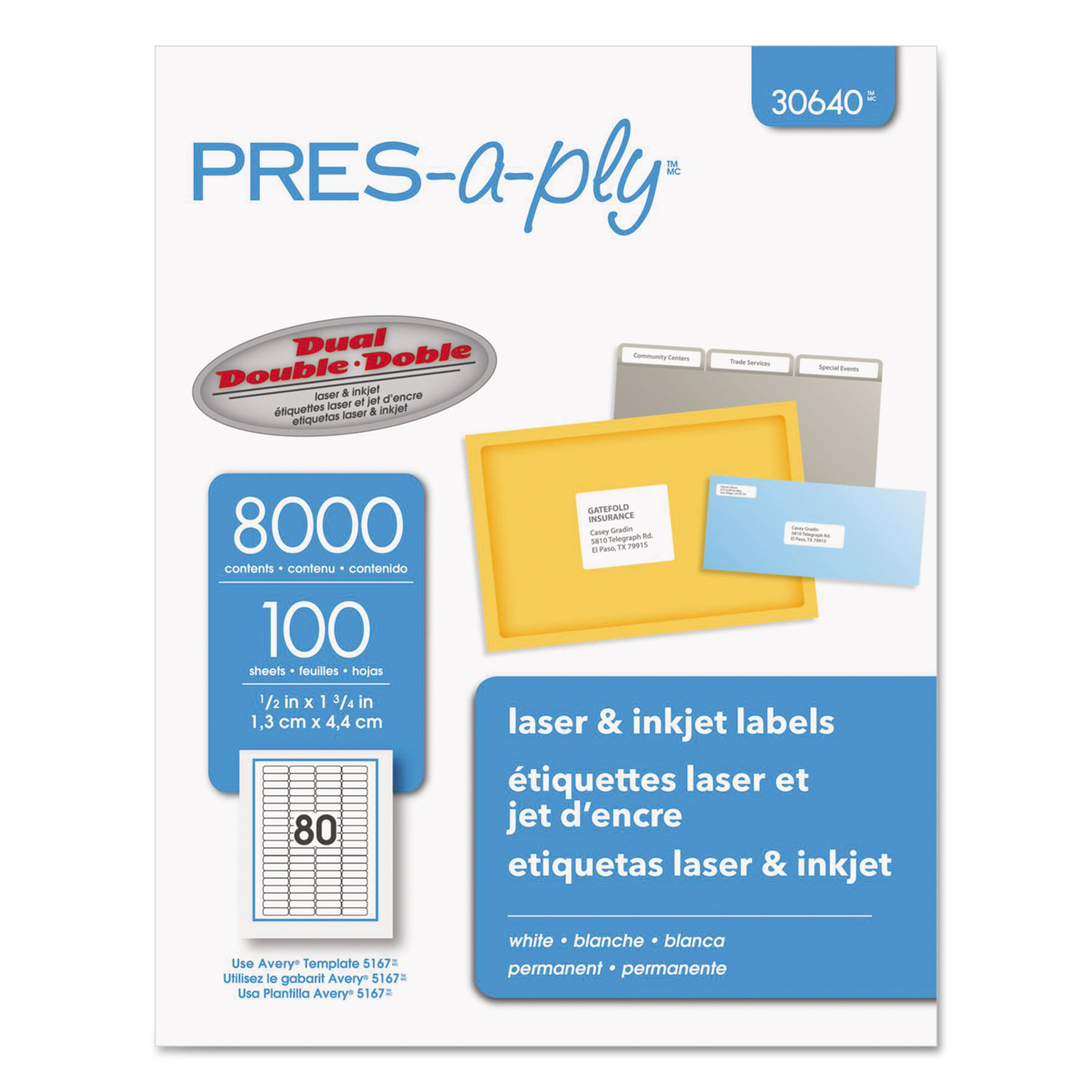  PRES-a-ply 30640 Labels, Inkjet/Laser Printers, 0.5 x 1.75, White, 80/Sheet, 100 Sheets/Pack (AVE30640) 