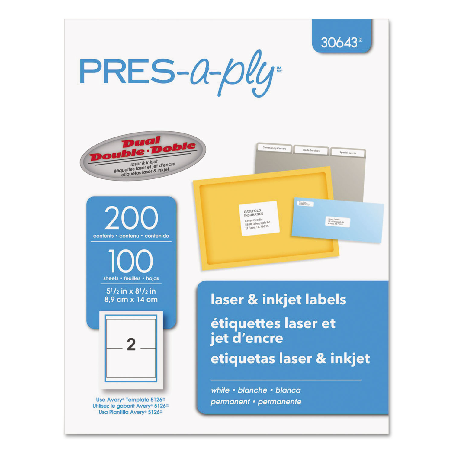  PRES-a-ply 30643 Labels, Inkjet/Laser Printers, 5.5 x 8.5, White, 2/Sheet, 100 Sheets/Pack (AVE30643) 
