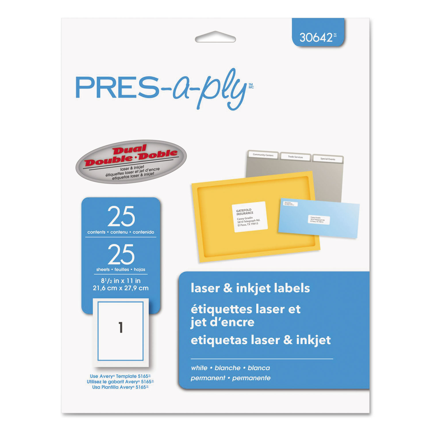  PRES-a-ply 30642 Labels, Inkjet/Laser Printers, 8.5 x 11, White, 25/Pack (AVE30642) 