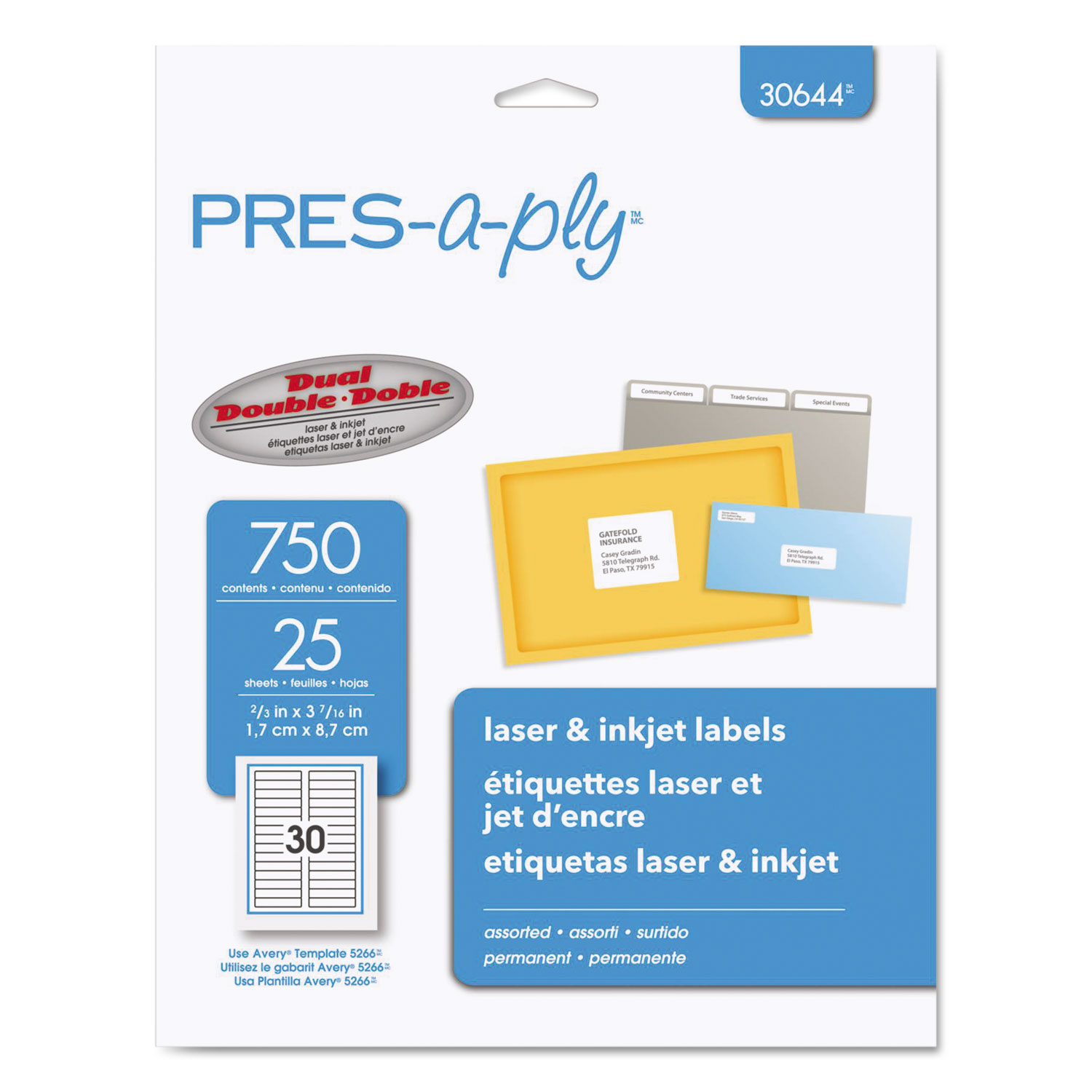  PRES-a-ply 30644 Labels, 0.66 x 3.44, White, 30/Sheet, 25 Sheets/Pack (AVE30644) 