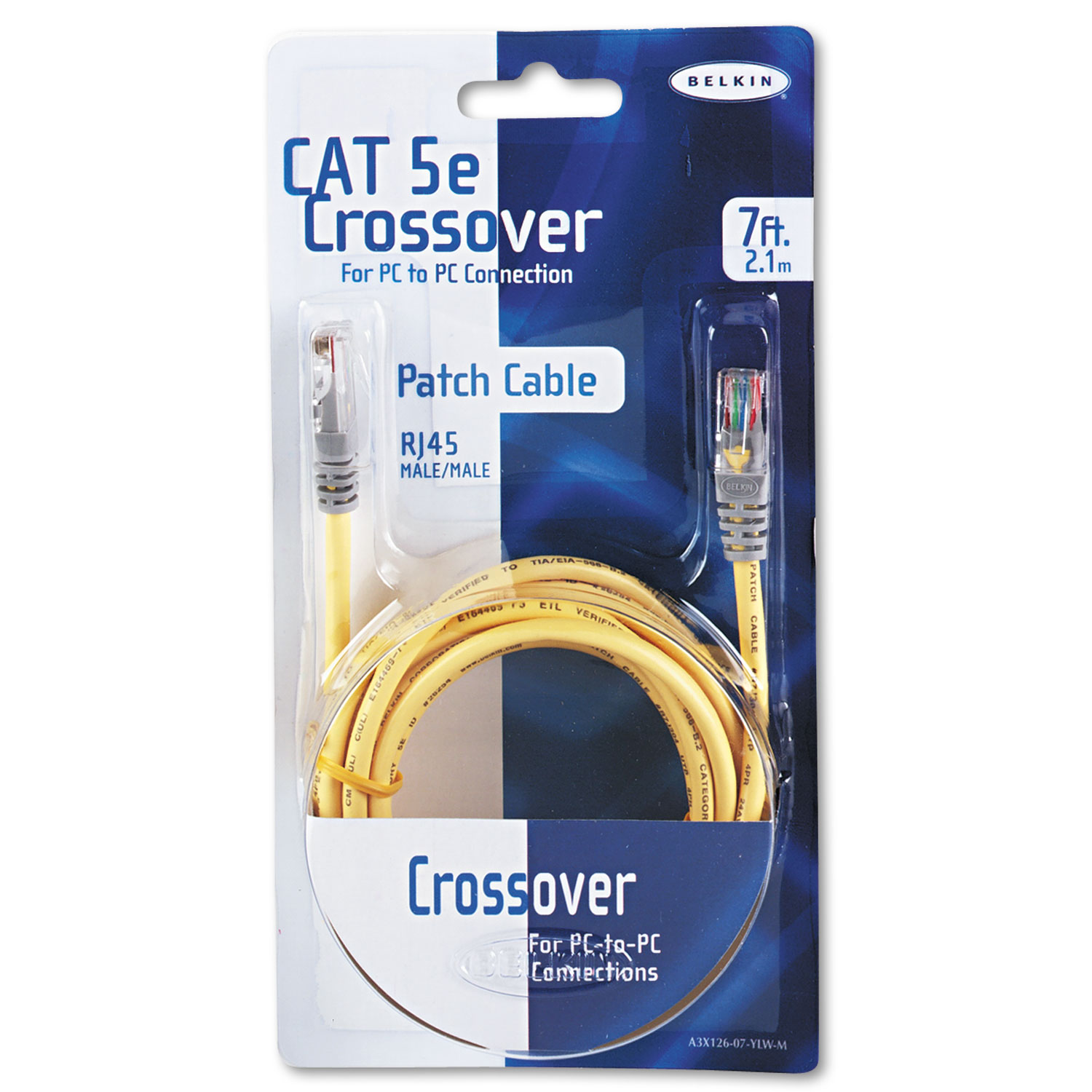 CAT5e Crossover Patch Cable, RJ45 Connectors, 7 ft., Yellow
