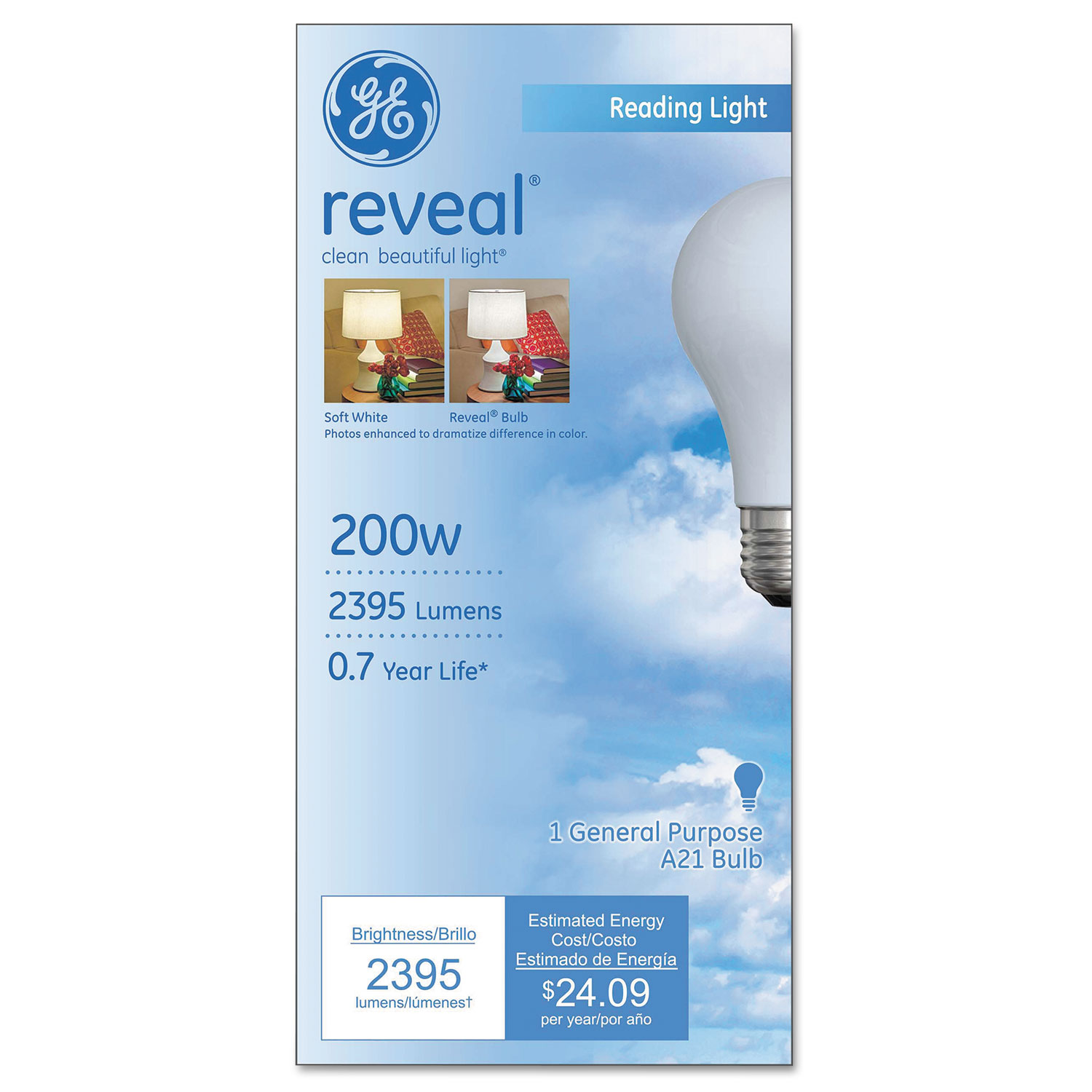 Reveal A21 Light Bulb, 200 W