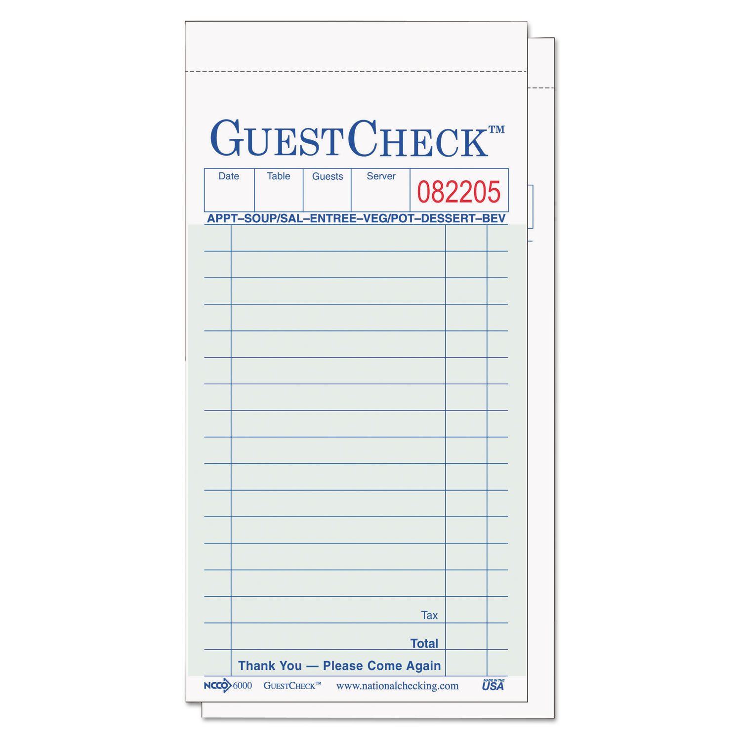 Guest Check Pad, 3 1/2 x 6 3/4, Green/White, 50/Carton