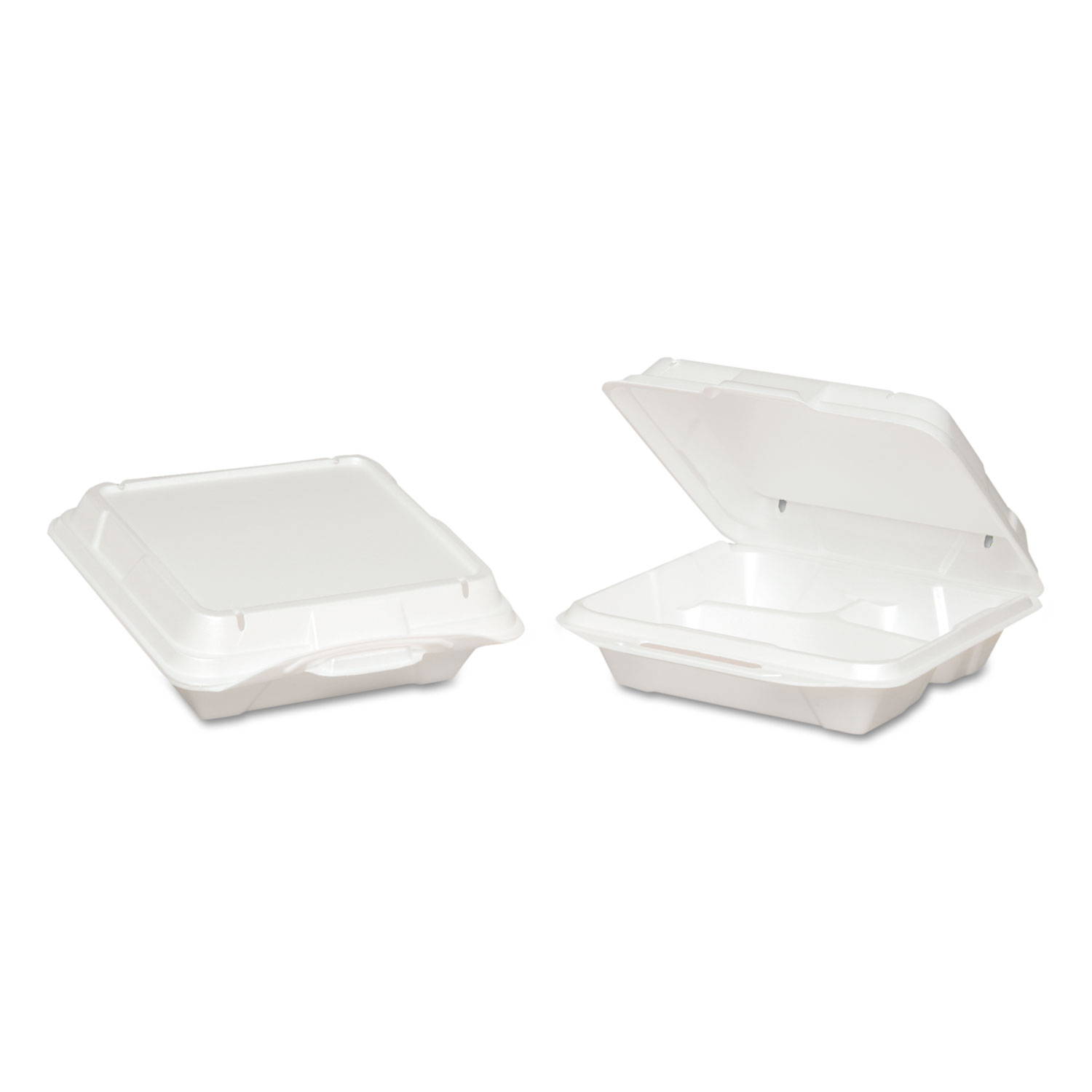 Foam Hinged Carryout Container, Vented 3-Comp 9-1/4x9-1/4x3 White 100/BG 2 BG/CT