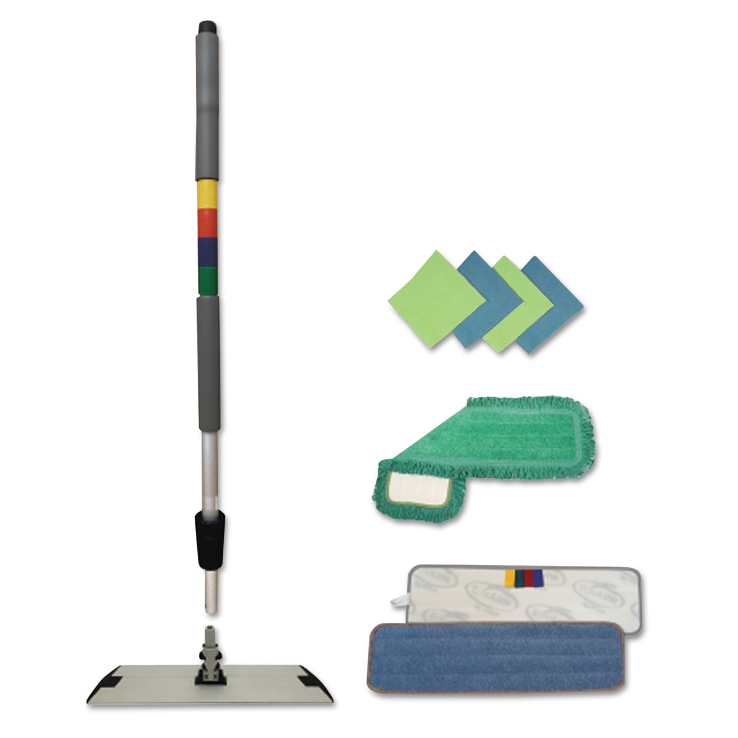  Boardwalk BWKMFKIT Microfiber Mopping Kit, 18 Mop Head, 35-60Handle, Blue/Green/Gray (BWKMFKIT) 