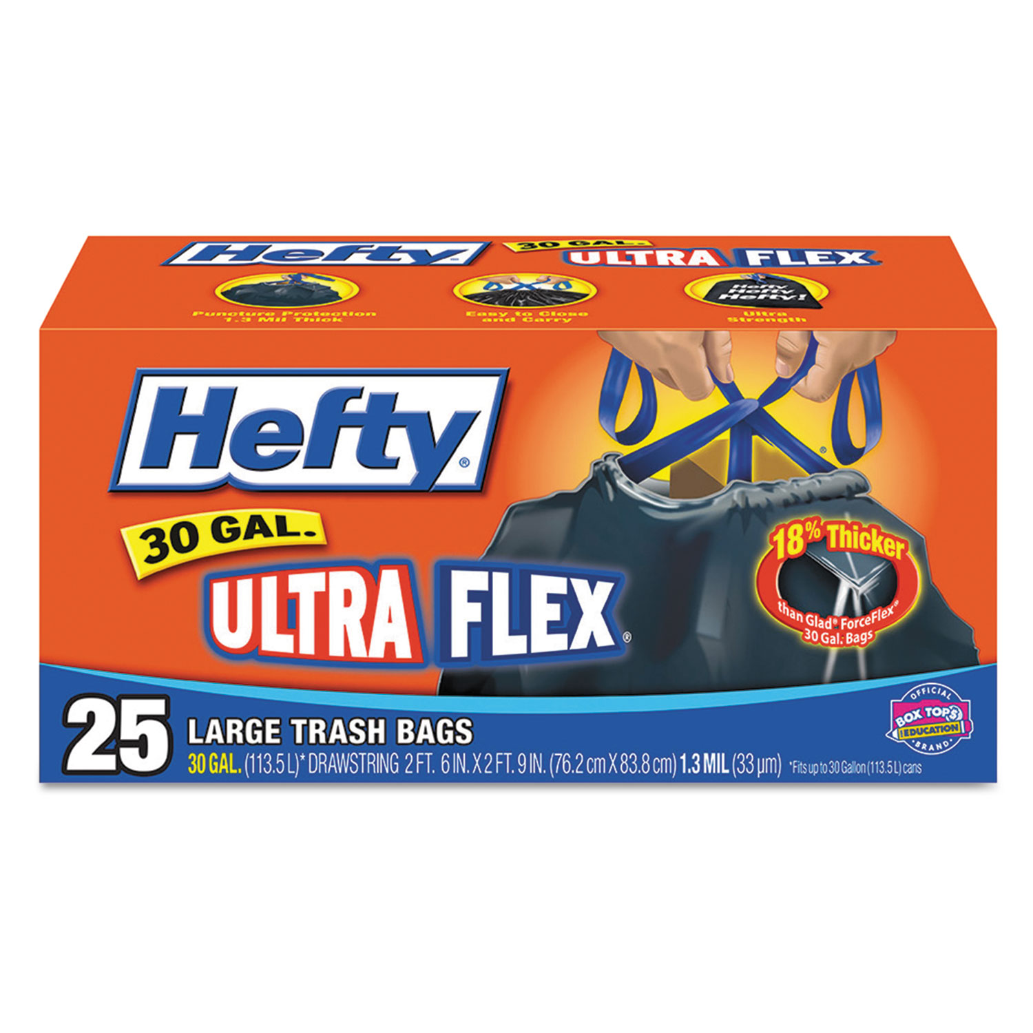  Hefty E80627BX Ultra Flex Waste Bags, 30 gal, 1.05 mil, 30 x 33, Black, 25/Box (RFPE80627BX) 