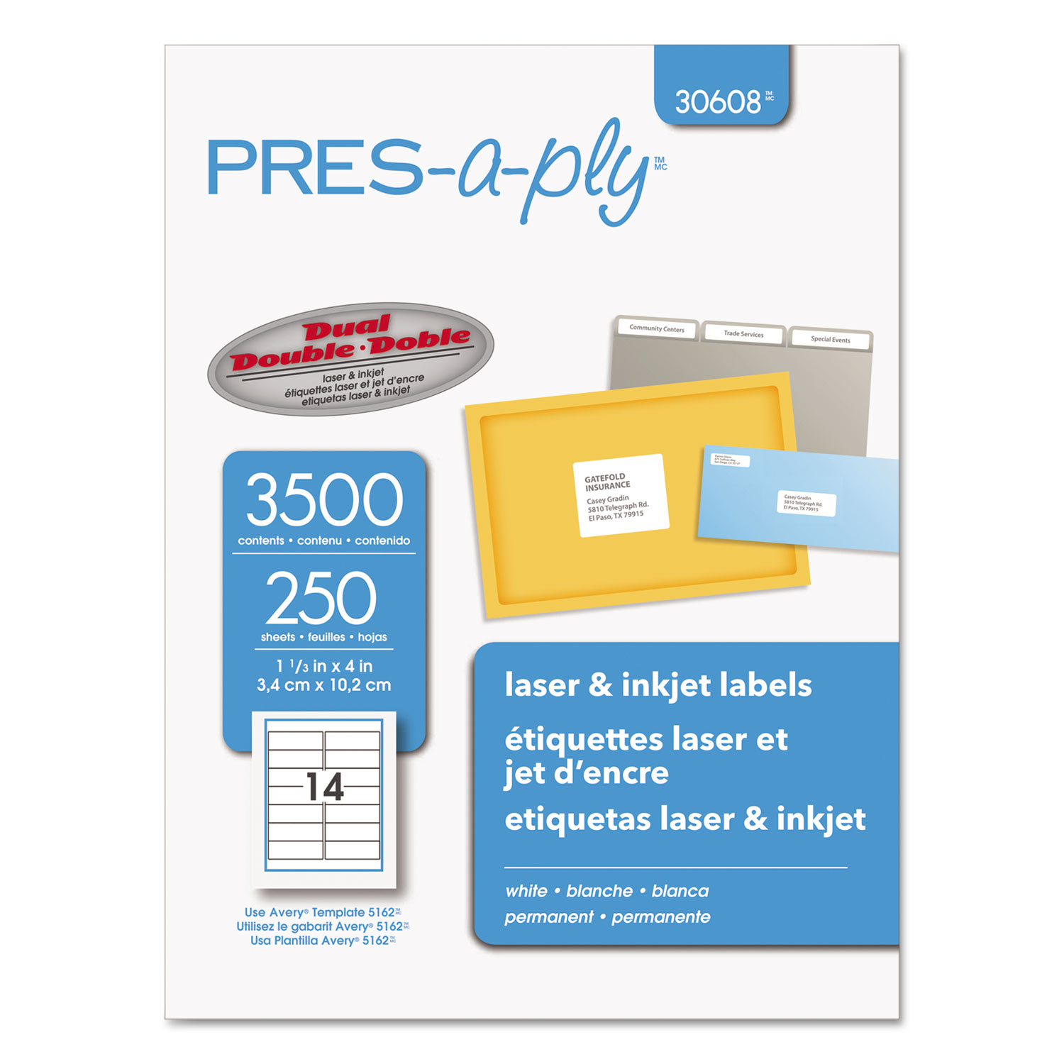  PRES-a-ply 30608 Labels, Inkjet/Laser Printers, 1.33 x 4, White, 14/Sheet, 250 Sheets/Box (AVE30608) 