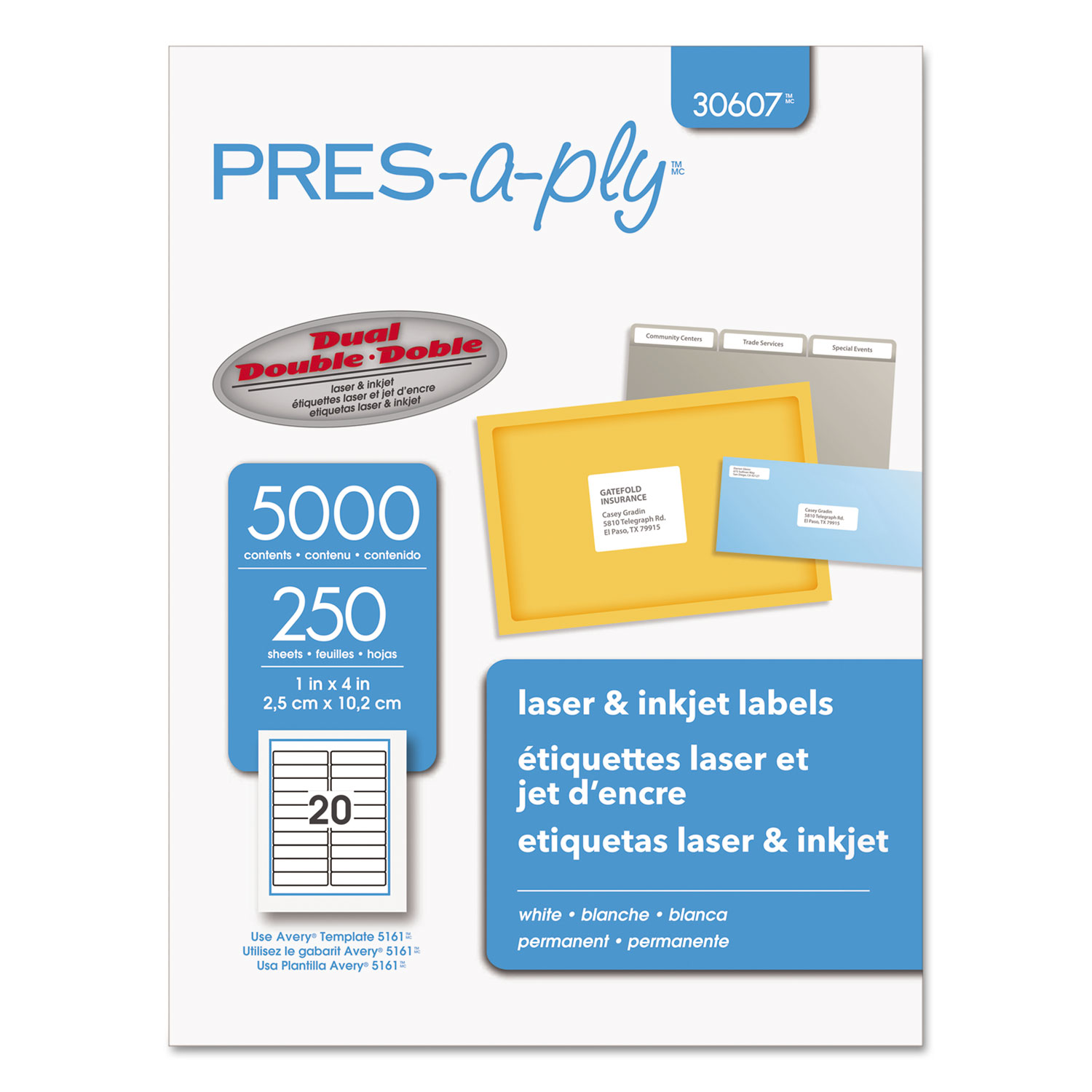  PRES-a-ply 30607 Labels, Inkjet/Laser Printers, 1 x 4, White, 20/Sheet, 250 Sheets/Box (AVE30607) 
