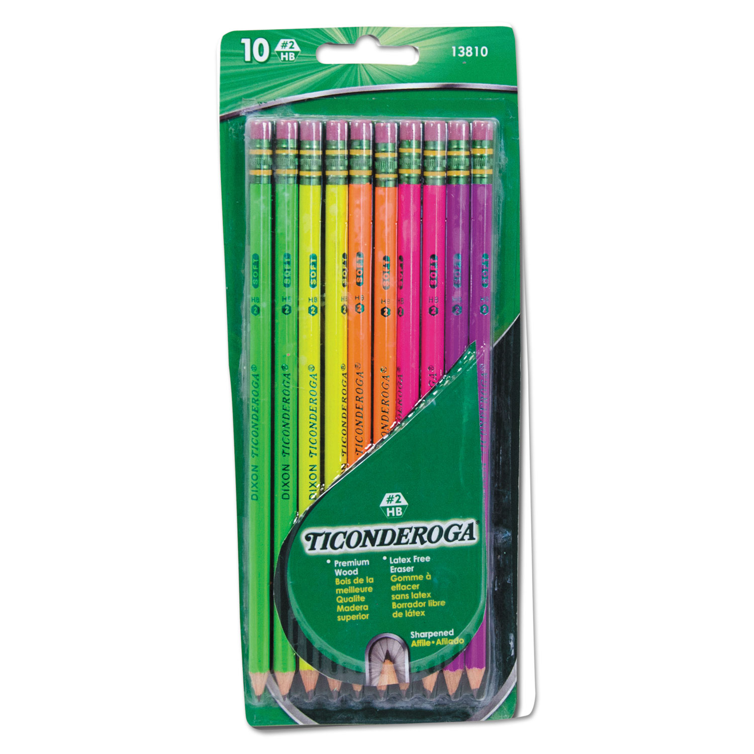  Ticonderoga 13810 Pre-Sharpened Pencil, HB (#2), Black Lead, Assorted Barrel Colors, 10/Pack (DIX13810) 