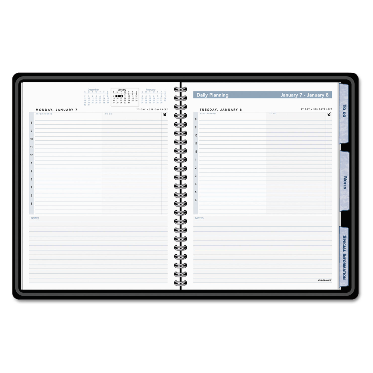 The Action Planner Daily Appointment Book, 6 7/8 x 8 3/4, Black, 2018