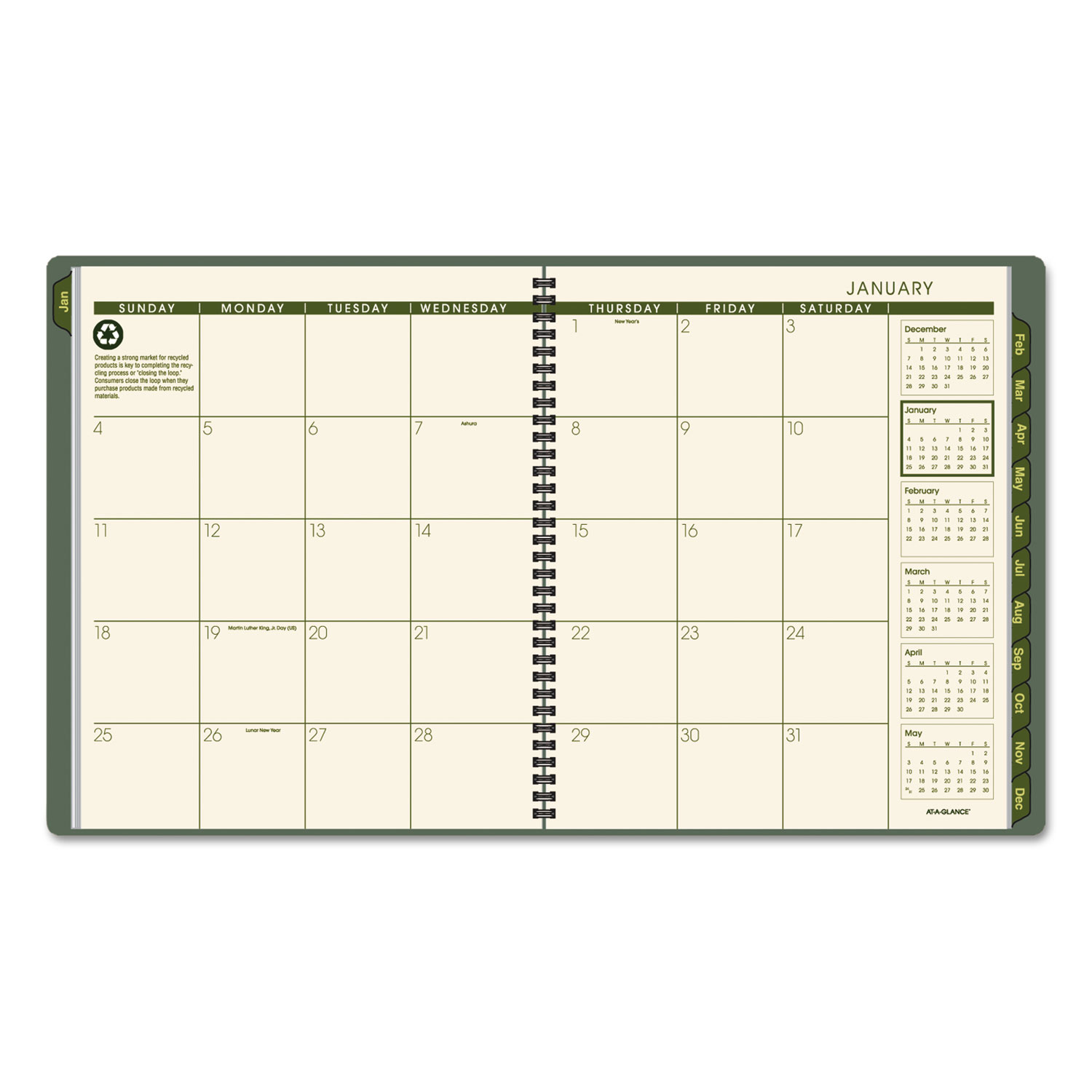 Recycled Monthly Planner, 9 x 11, Green, 2018-2019
