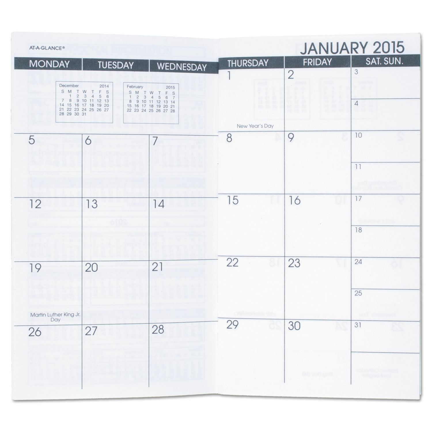Pocket Size Monthly Planner Refill, 3 1/2 x 6 1/8, White, 2018-2019