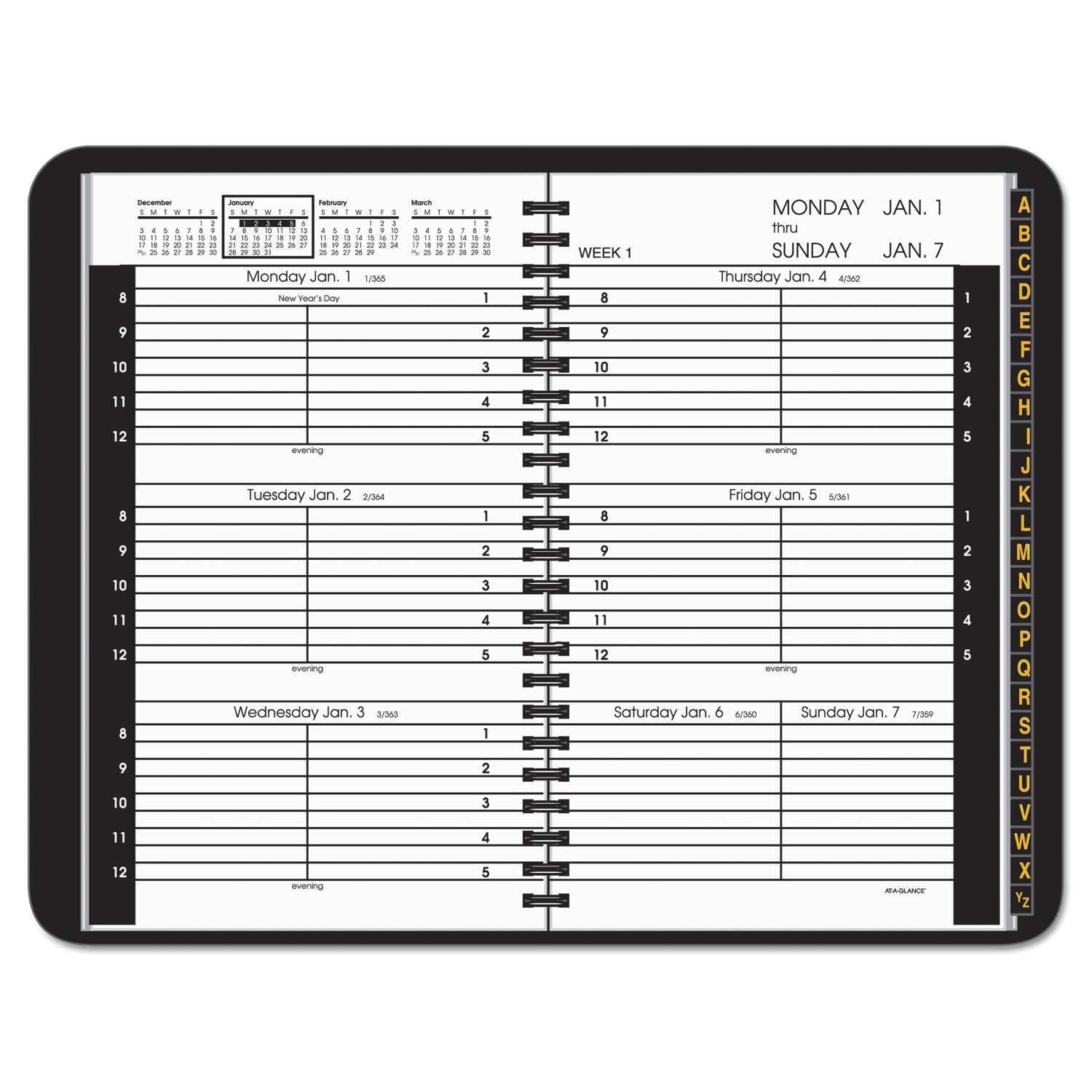 Weekly Appointment Book, Hourly Appt, Phone/Address Tabs, 4 7/8 x 8, Black, 2018
