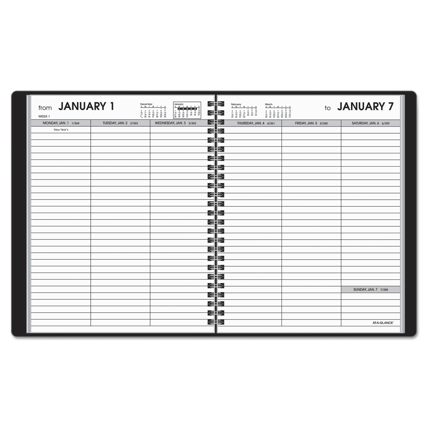 Weekly Planner Ruled for Open Scheduling, 6 3/4 x 8 3/4, Black, 2018