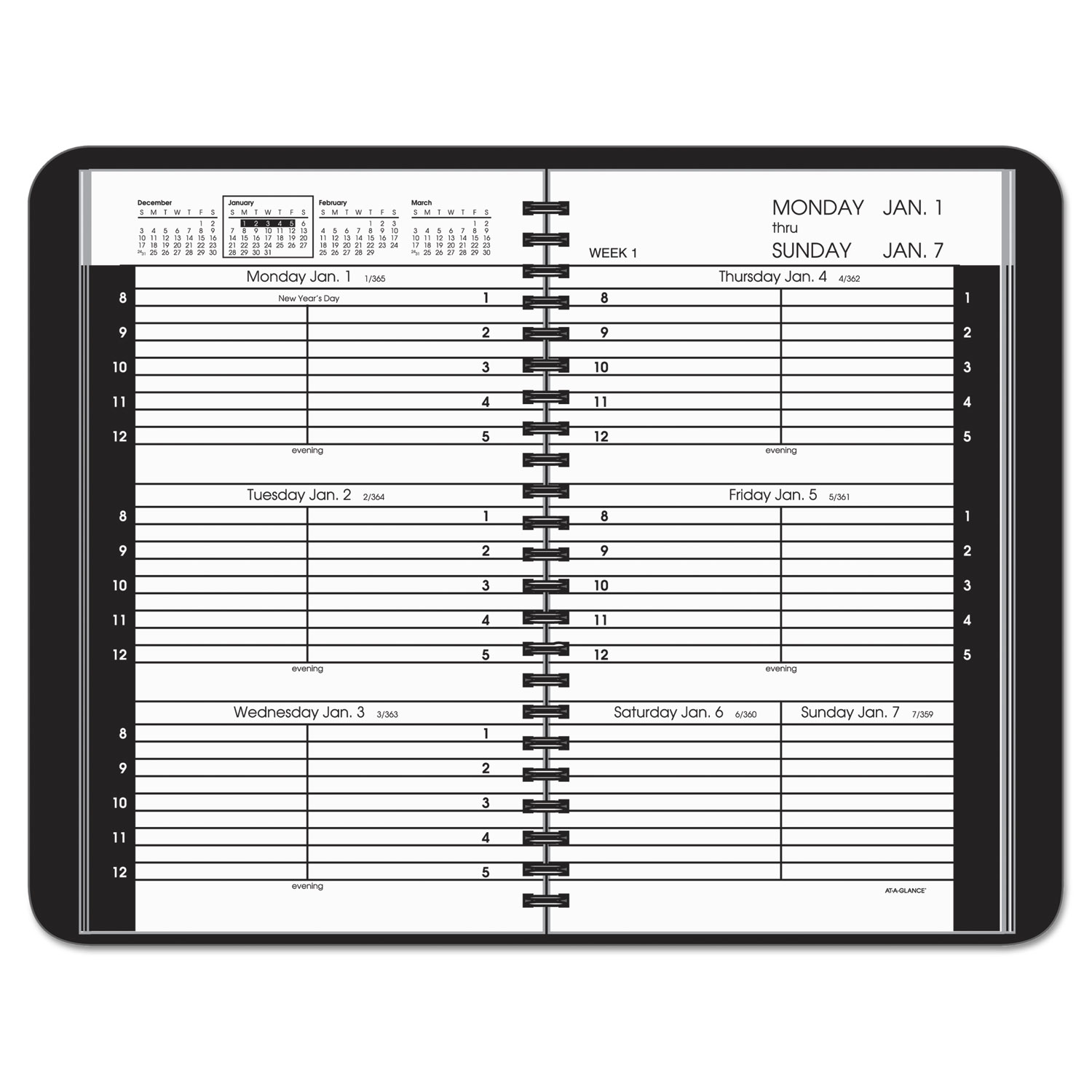 Weekly Appointment Book Ruled for Hourly Appointments, 4 7/8 x 8, Black, 2018