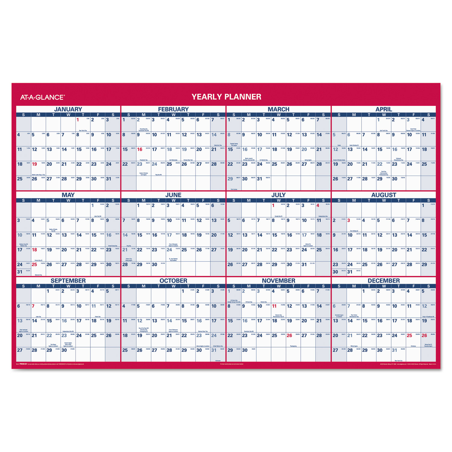 Erasable Vertical/Horizontal Wall Planner, 32 x 48, Blue/Red, 2018