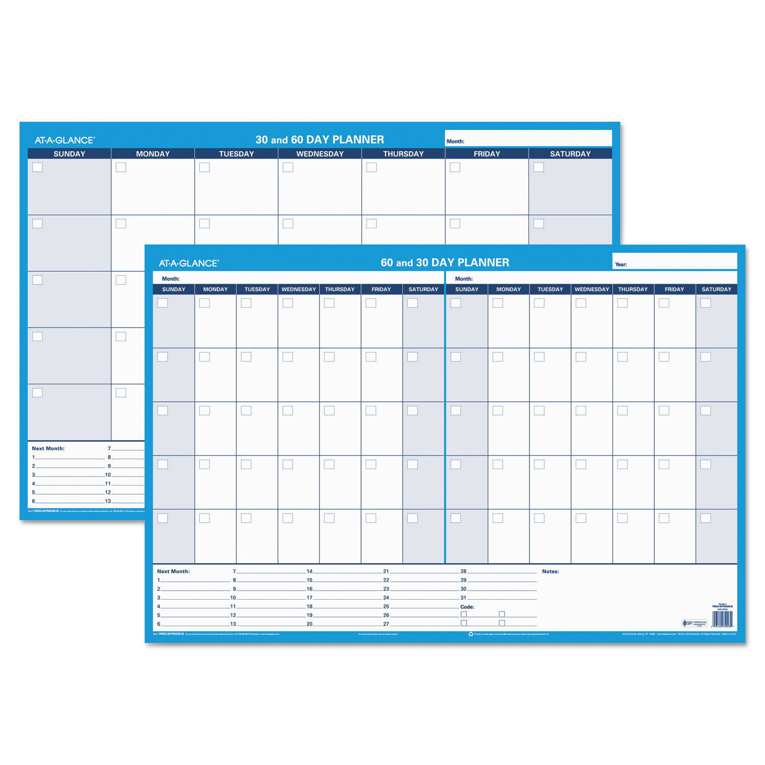 30/60-Day Undated Horizontal Erasable Wall Planner, 36 x 24, White/Blue,