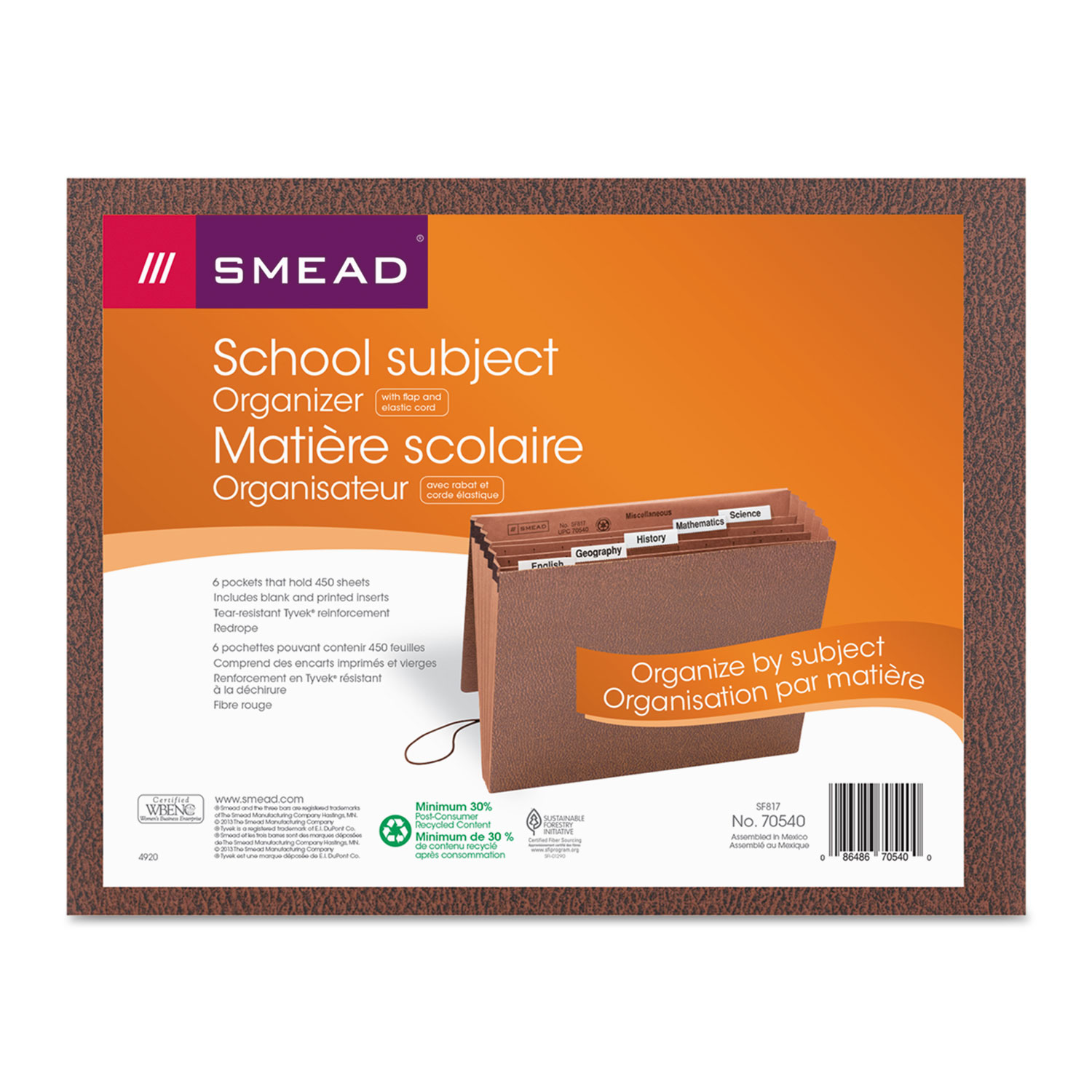  Smead 70540 Six-Pocket Subject File w/ Insertable Tabs, 5.25 Expansion, 6 Sections, 1/5-Cut Tab, Letter Size, Redrope (SMD70540) 