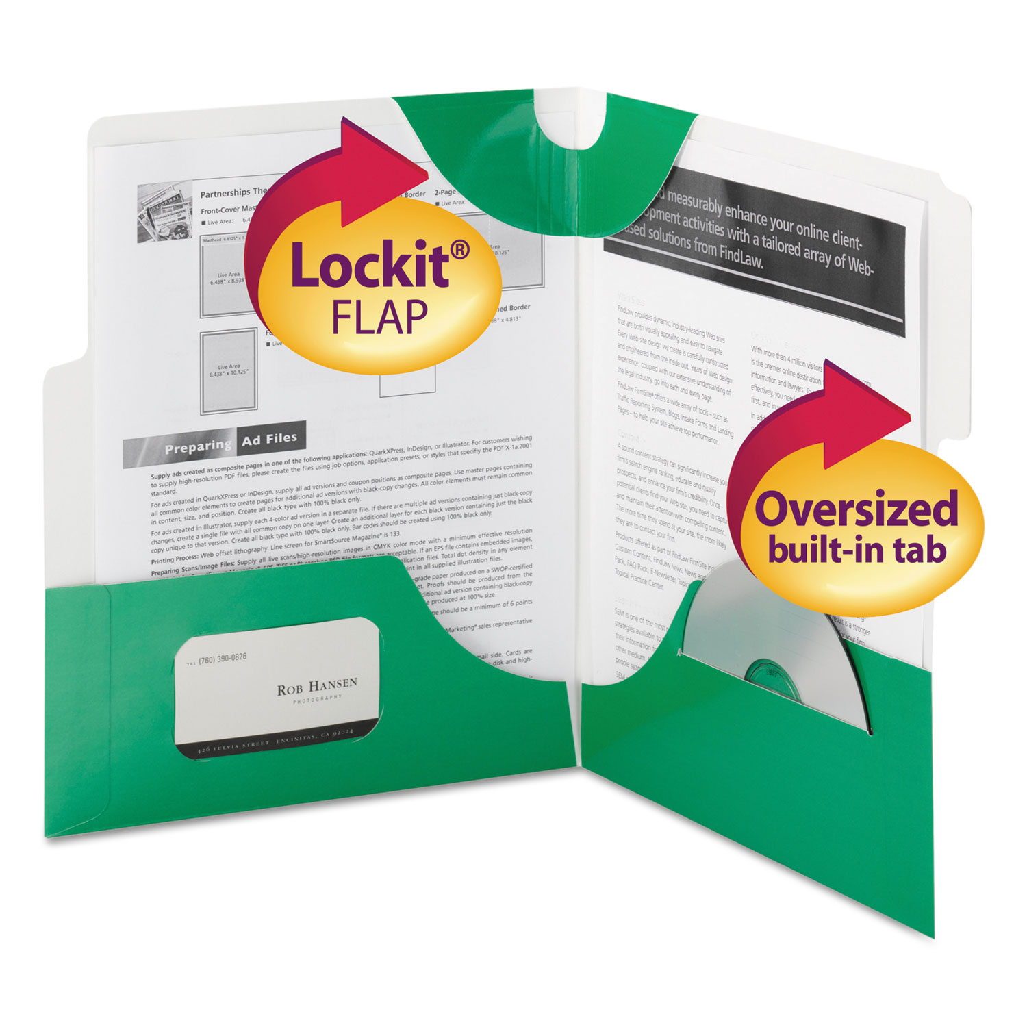 SuperTab Two-Pocket Folder, 11 x 8 1/2, Green, 5/Pack