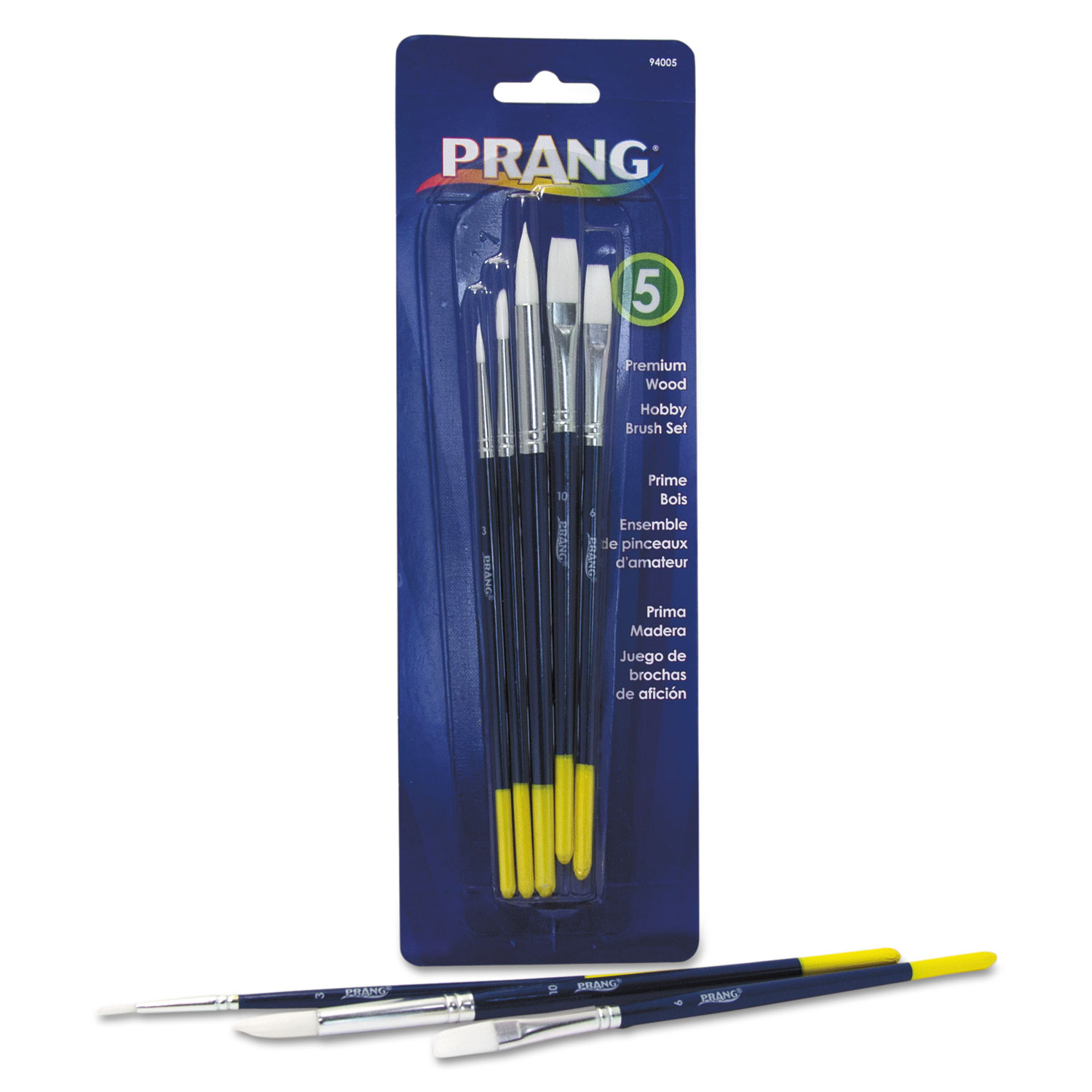 Prang® Hobby Five-Brush Set, Assorted Sizes, Natural Hair, Flat; Round, 5/Set