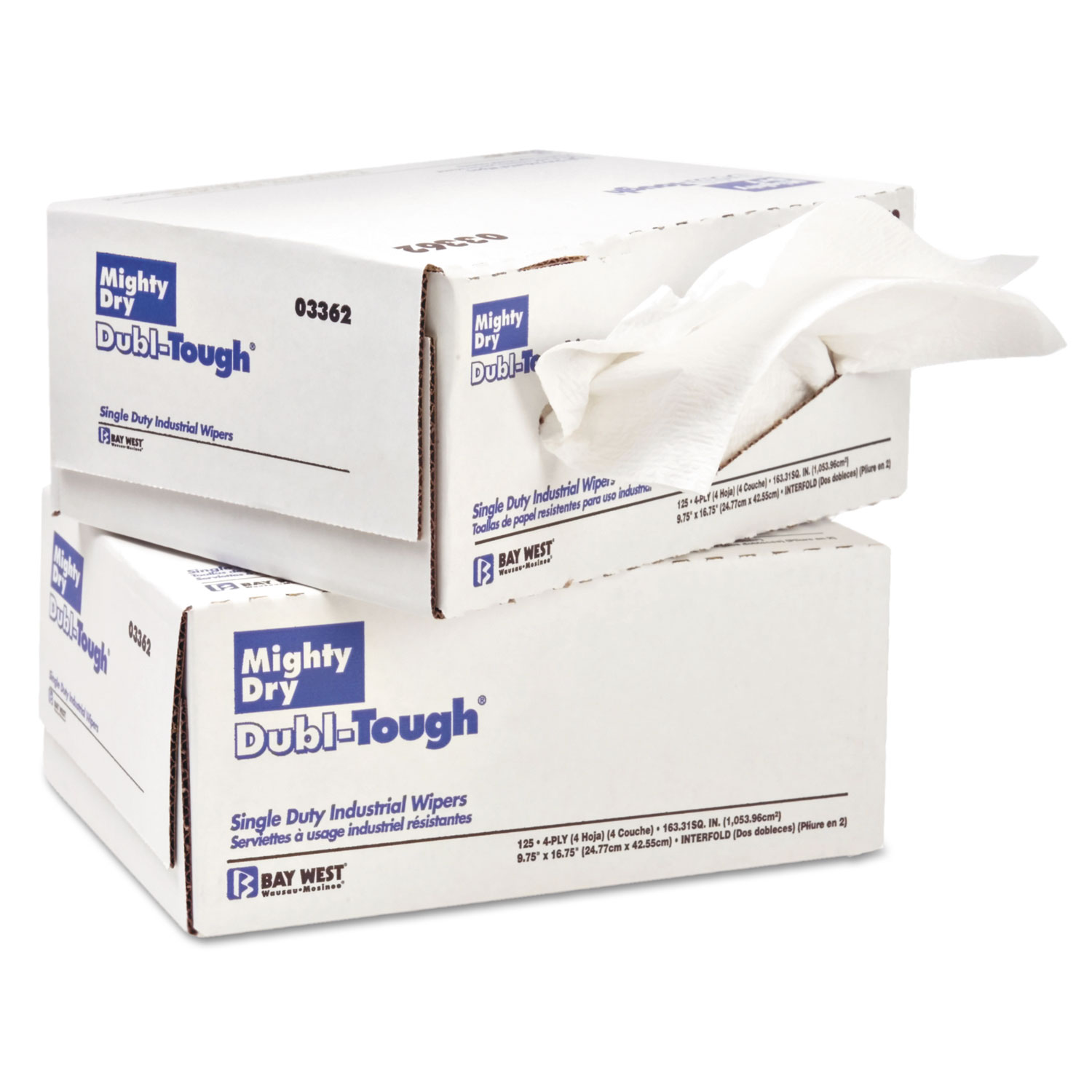 Dubl-Tough Industrial Wipers, 16 3/4 x 9 3/4, White, 125/Box, 8/Carton