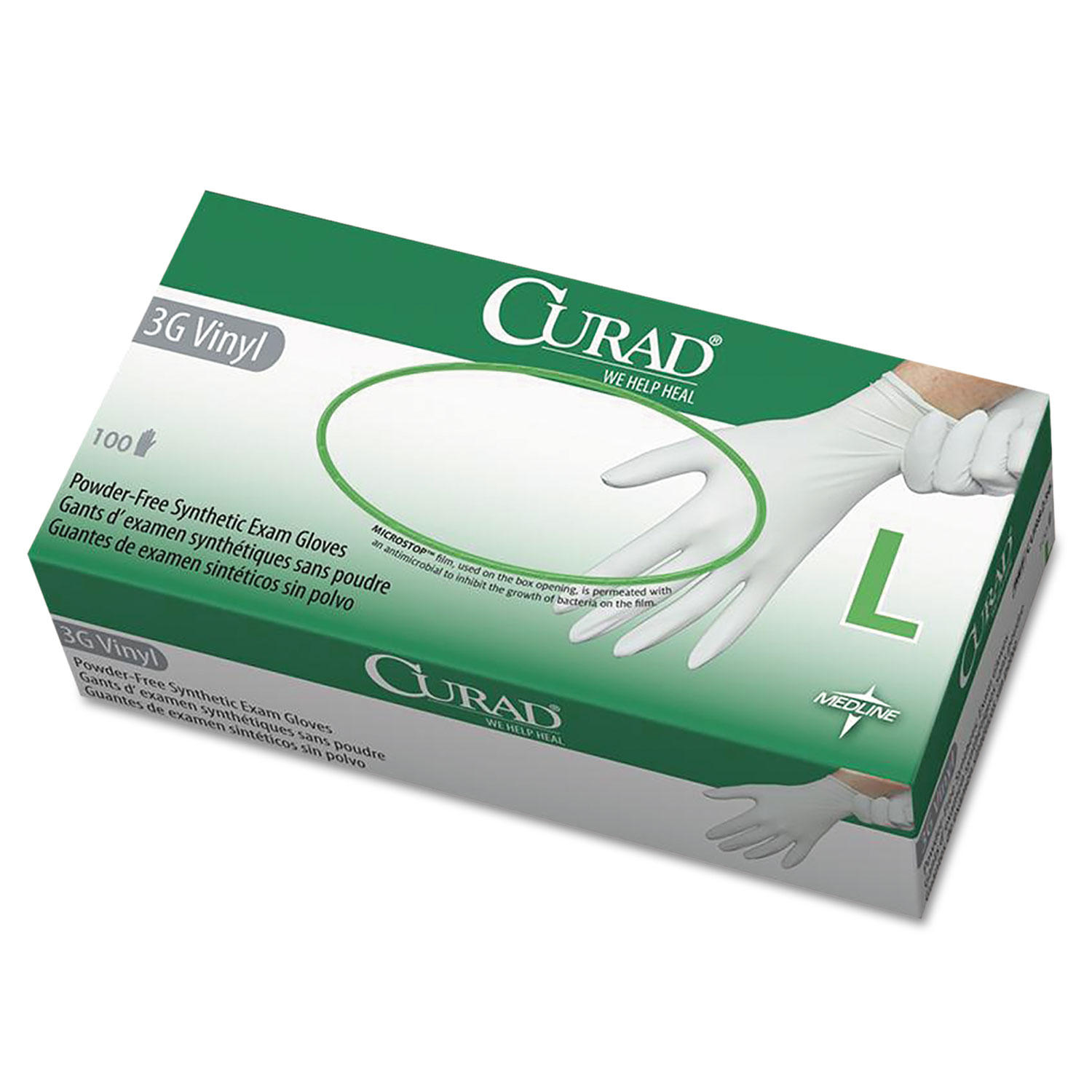  Curad CUR8236 3G Synthetic Vinyl Exam Gloves, Powder-Free, Large, 100/Box (MII6CUR8236) 