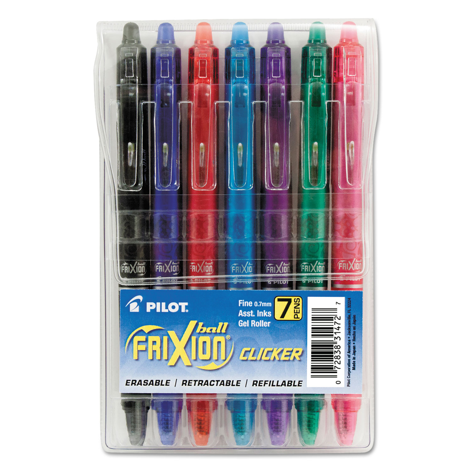 FriXion Clicker Erasable Gel Ink Retractable Pen, Assorted Ink, .7mm, 7/Pack