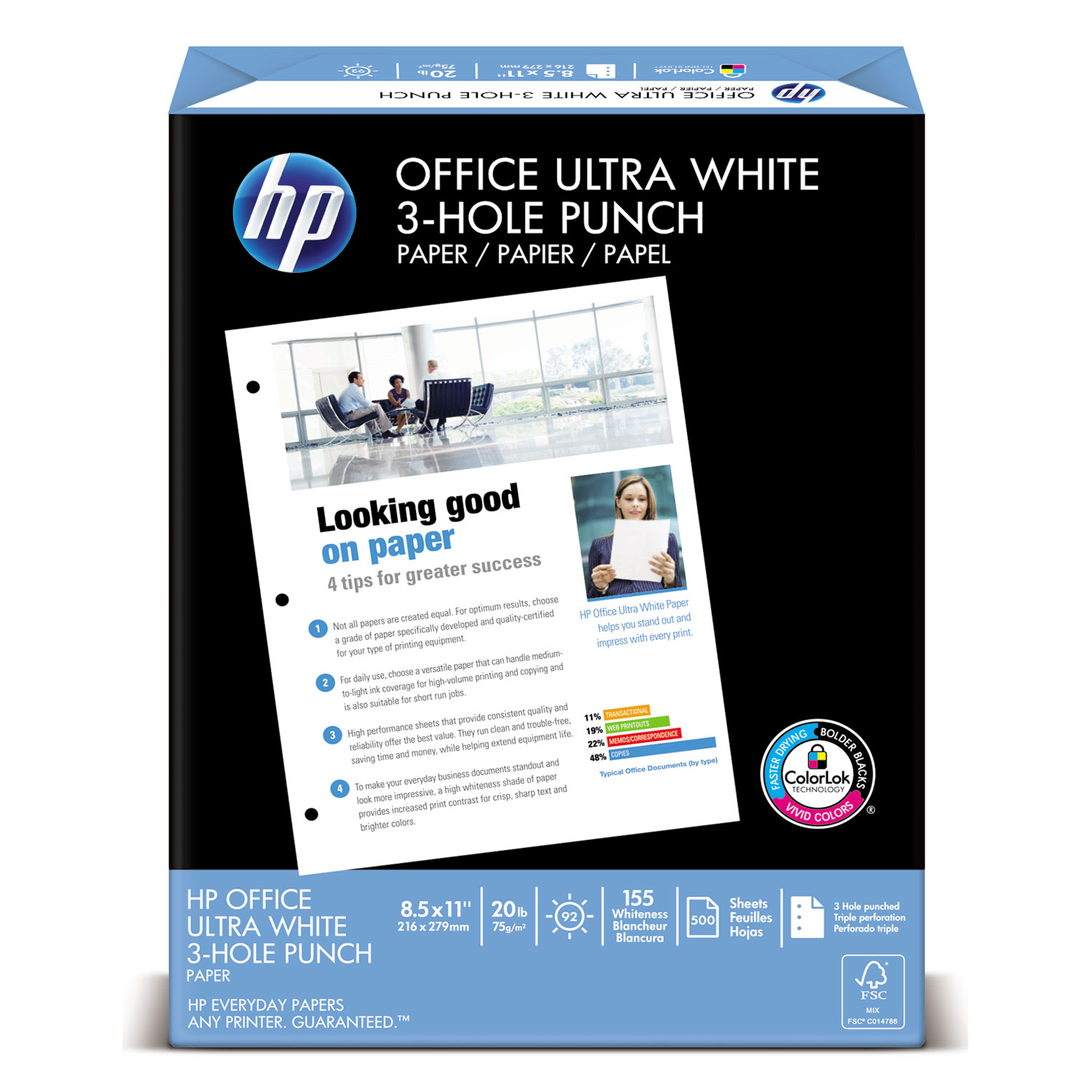  HP Papers 11310-2 Office20 Paper, 92 Bright, 3-Hole, 20lb, 8.5 x 11, White, 500/Ream (HEW113102) 