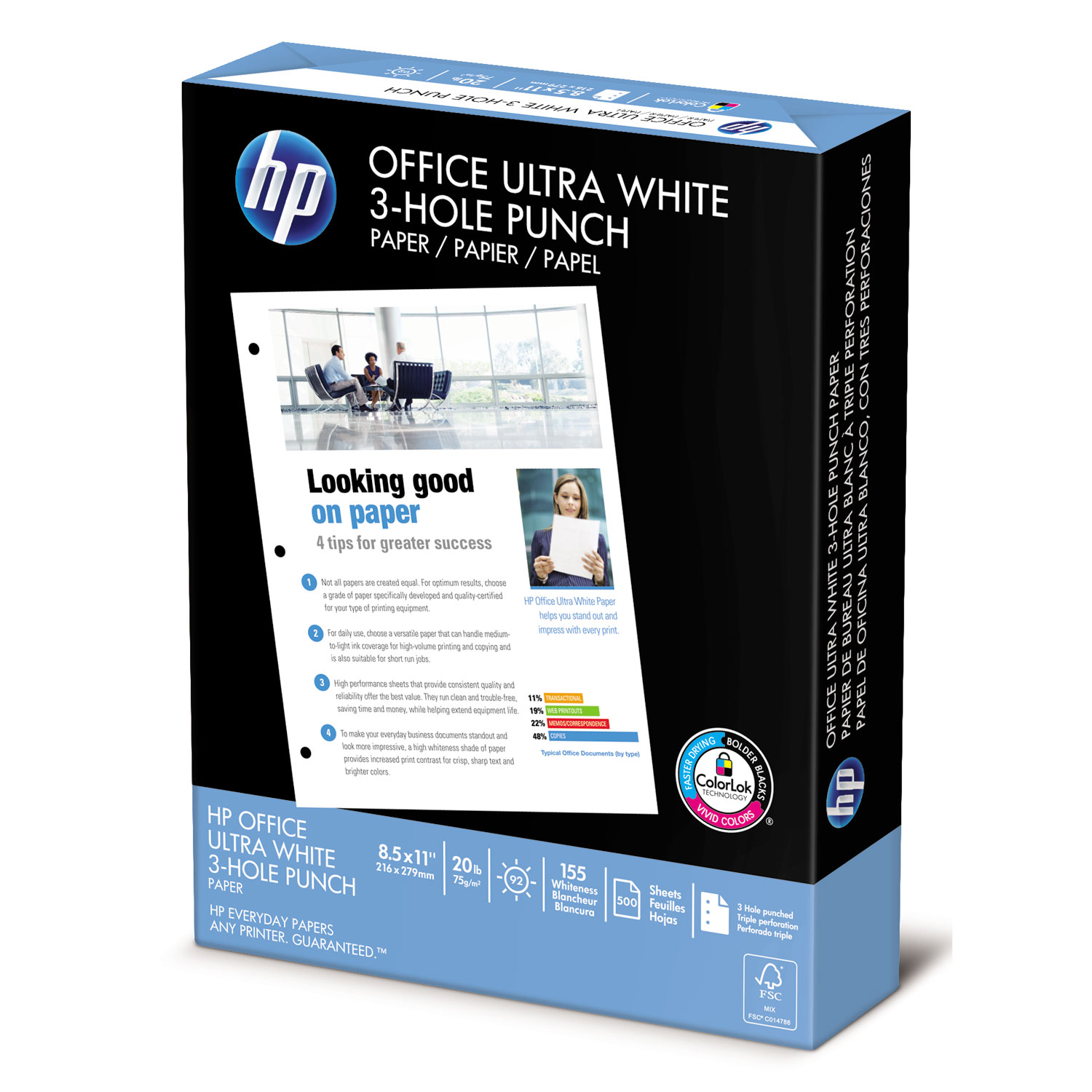 Office Ultra-White Paper, 92 Bright, 3-Hole, 20lb, 8-1/2 x 11, 500/Ream