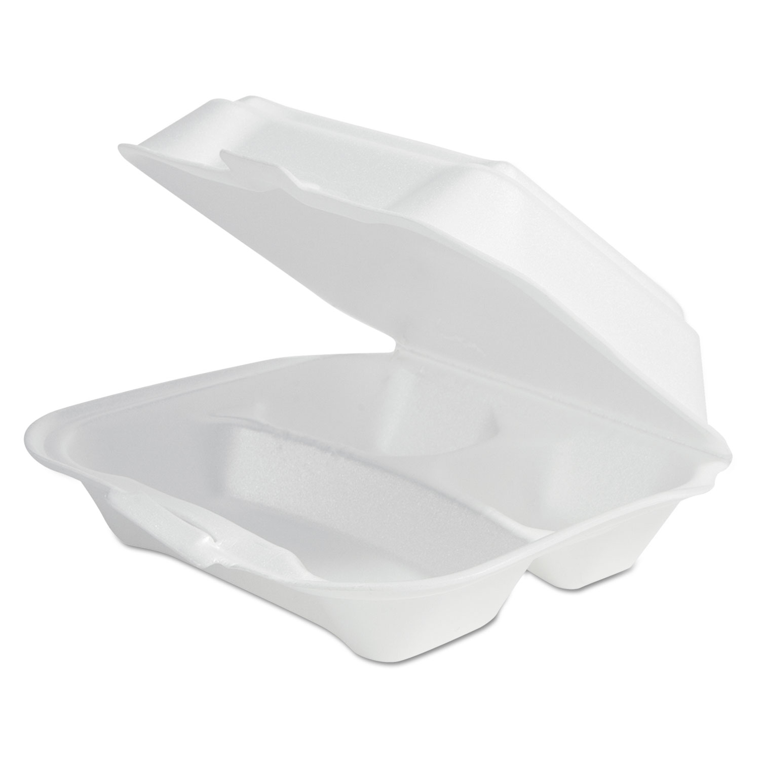Double-Foam Food Containers, 8 x 8 x 3, White, 3-Compartment, 2/Carton