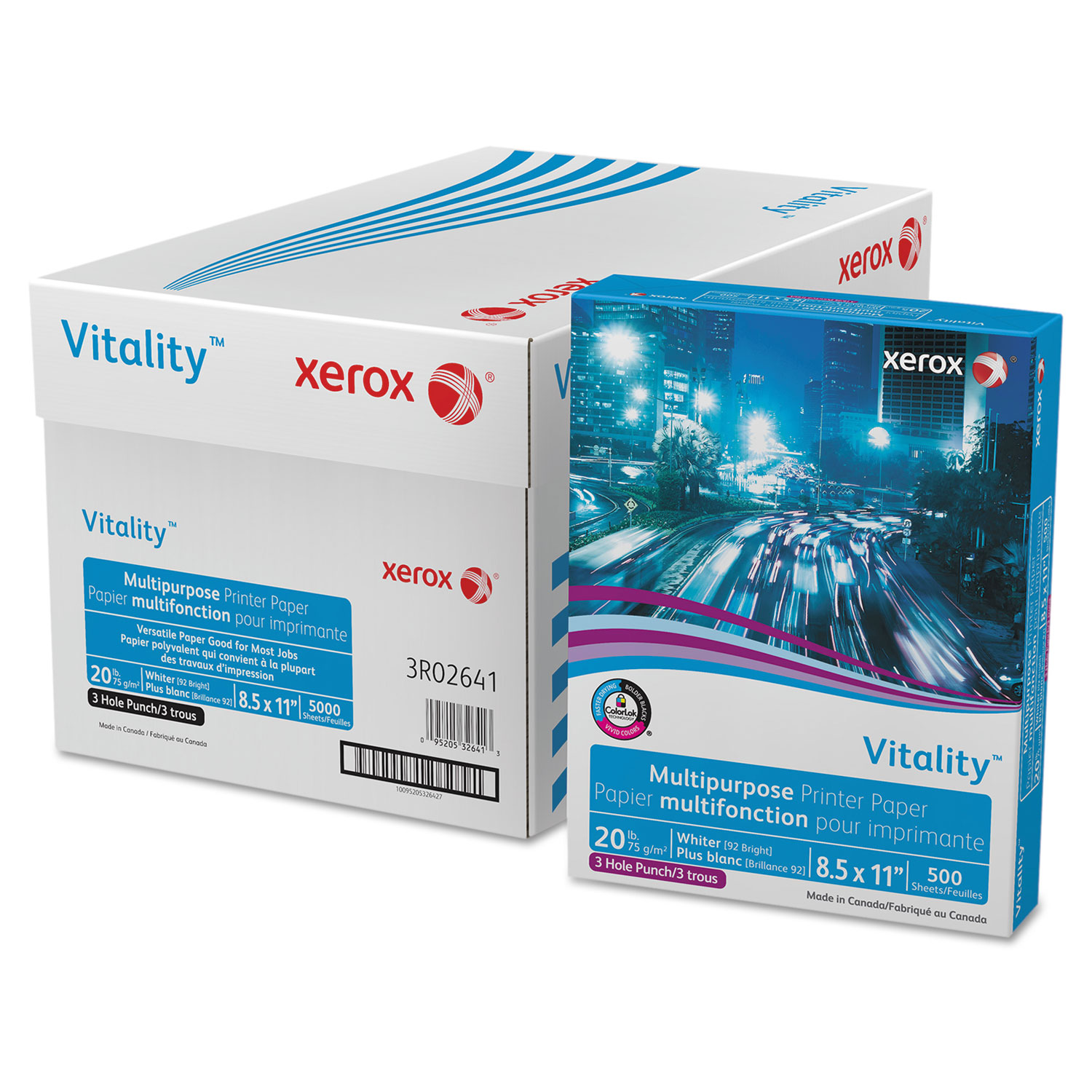  xerox 3R02641RM Vitality Multipurpose Print Paper, 92 Bright, 3-Hole, 20lb, 8.5 x 11, White, 500/Ream (XER3R02641RM) 