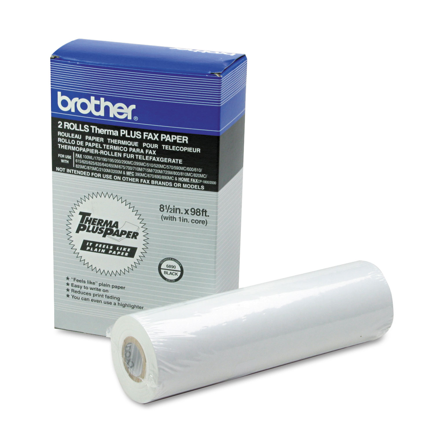  Brother 6890 98' ThermaPlus Fax Paper Roll, 1 Core, 8.5 x 98ft, White, 2/Pack (BRT6890) 